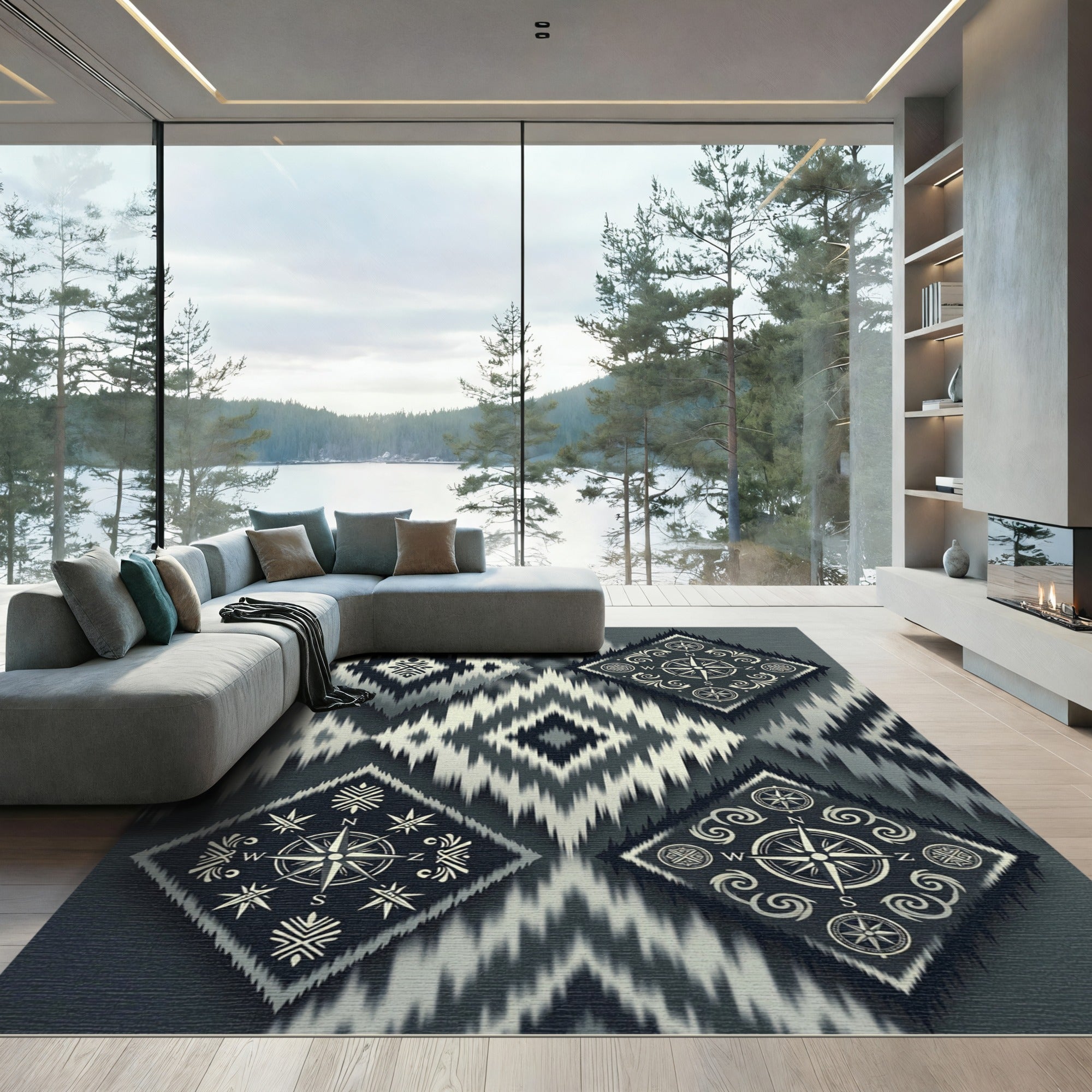 Monochromatic Compass Ikat Diamond Rug
