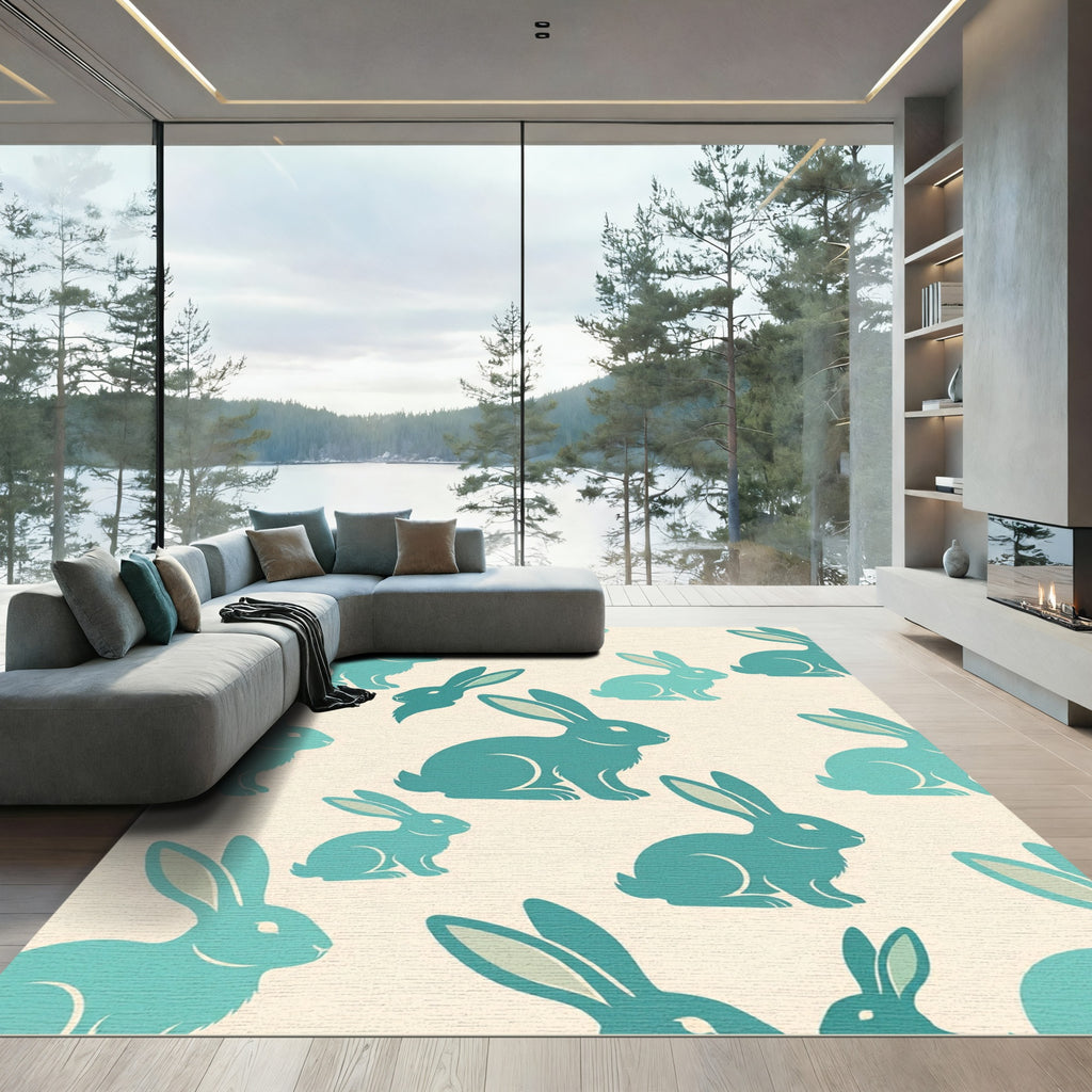 Soft Aqua Whimsical Rabbit Meadow Rug