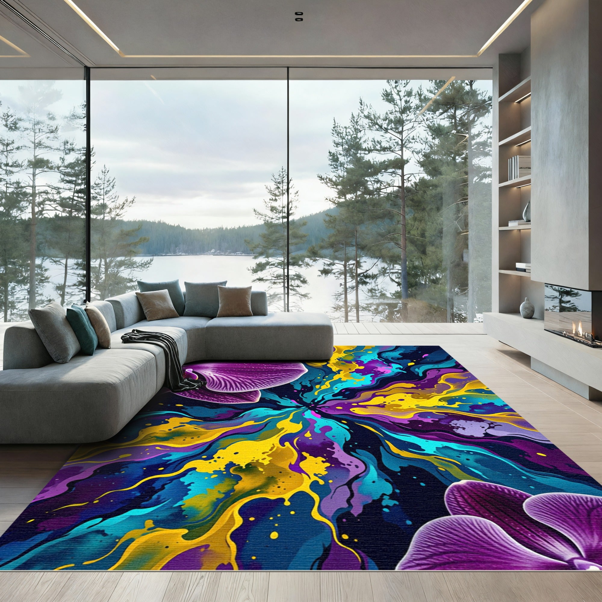 Vibrant Orchid Splash Abstract Swirl Rug