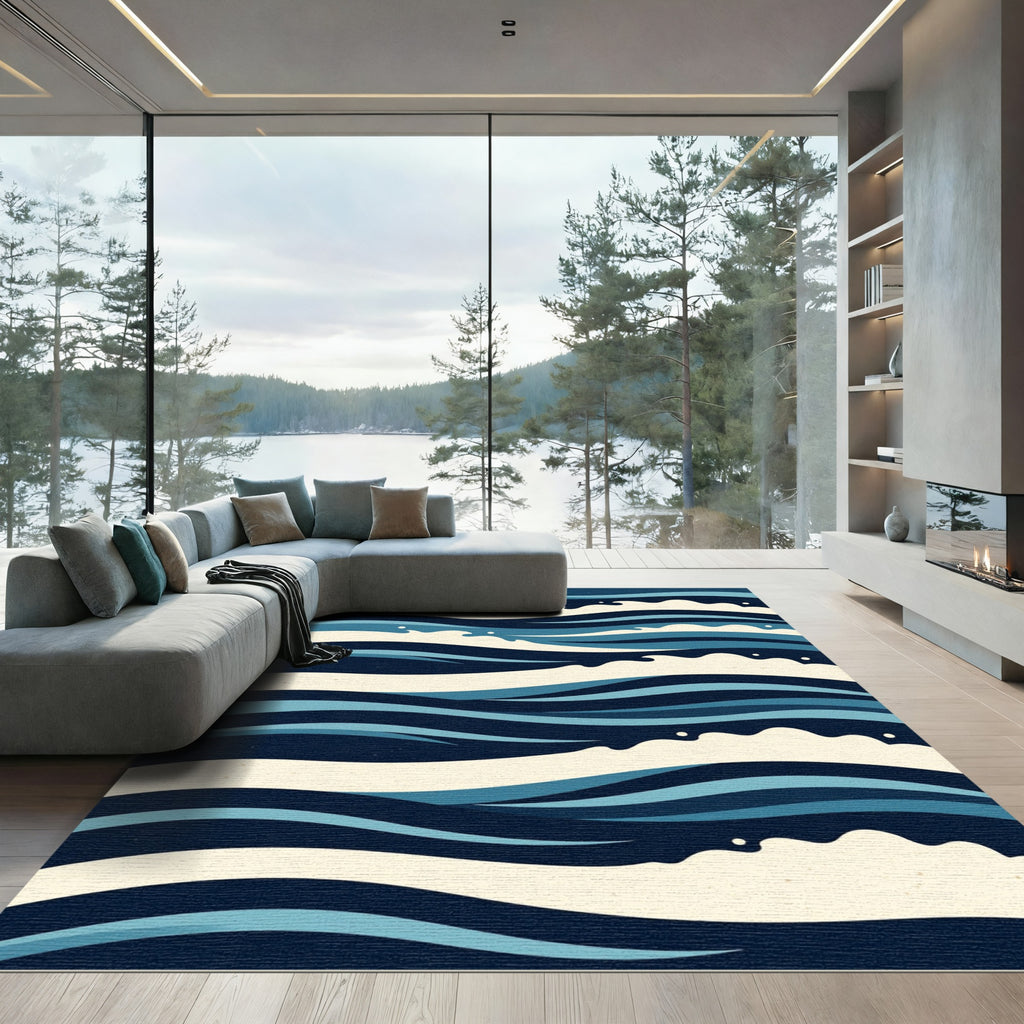 Modern Nautical Navy Blue Wave Illustration Rug
