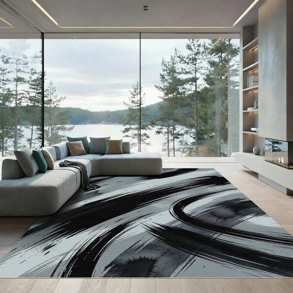 Monochromatic Abstract Ink Brush Stroke Rug