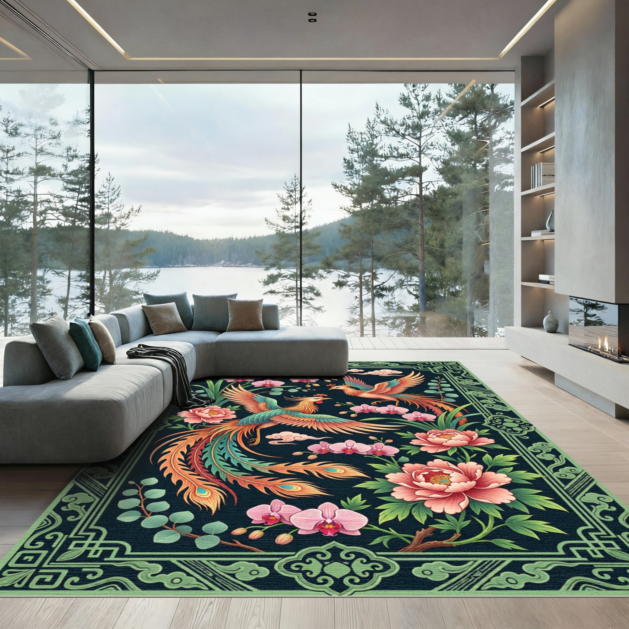 Ornate Phoenix Peony Floral Jade Border Rug
