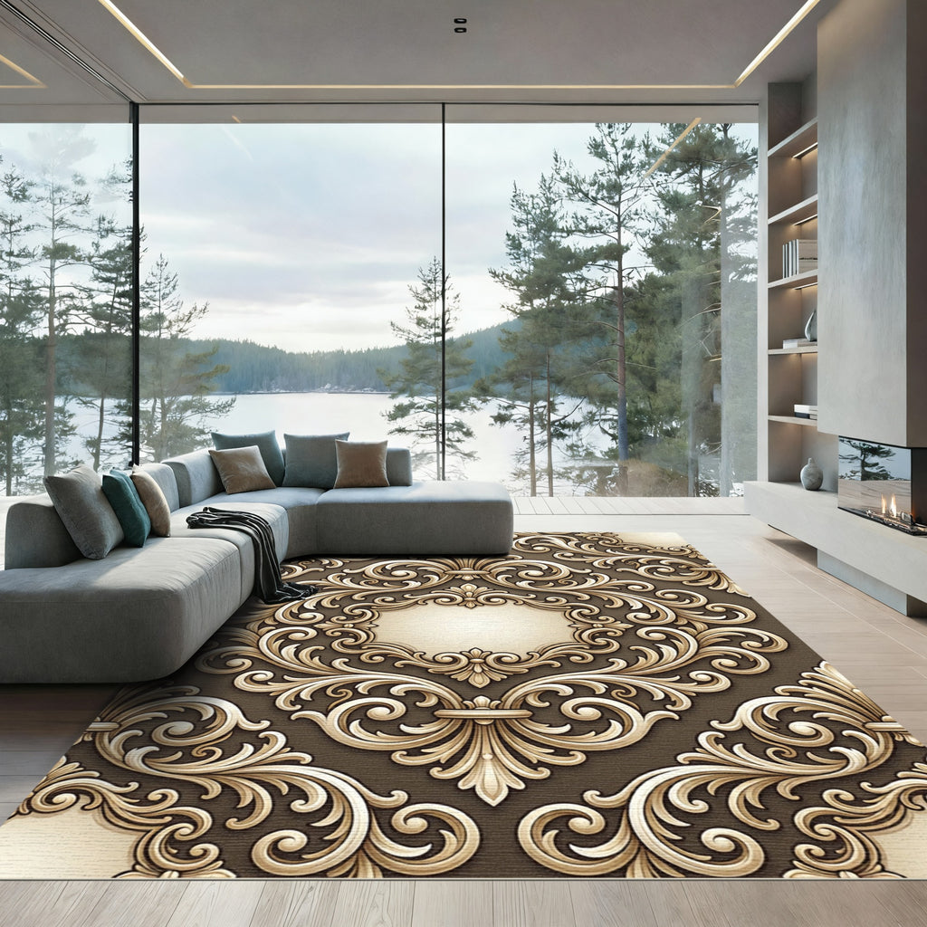 Ornate Golden Acanthus Scrollwork Rug