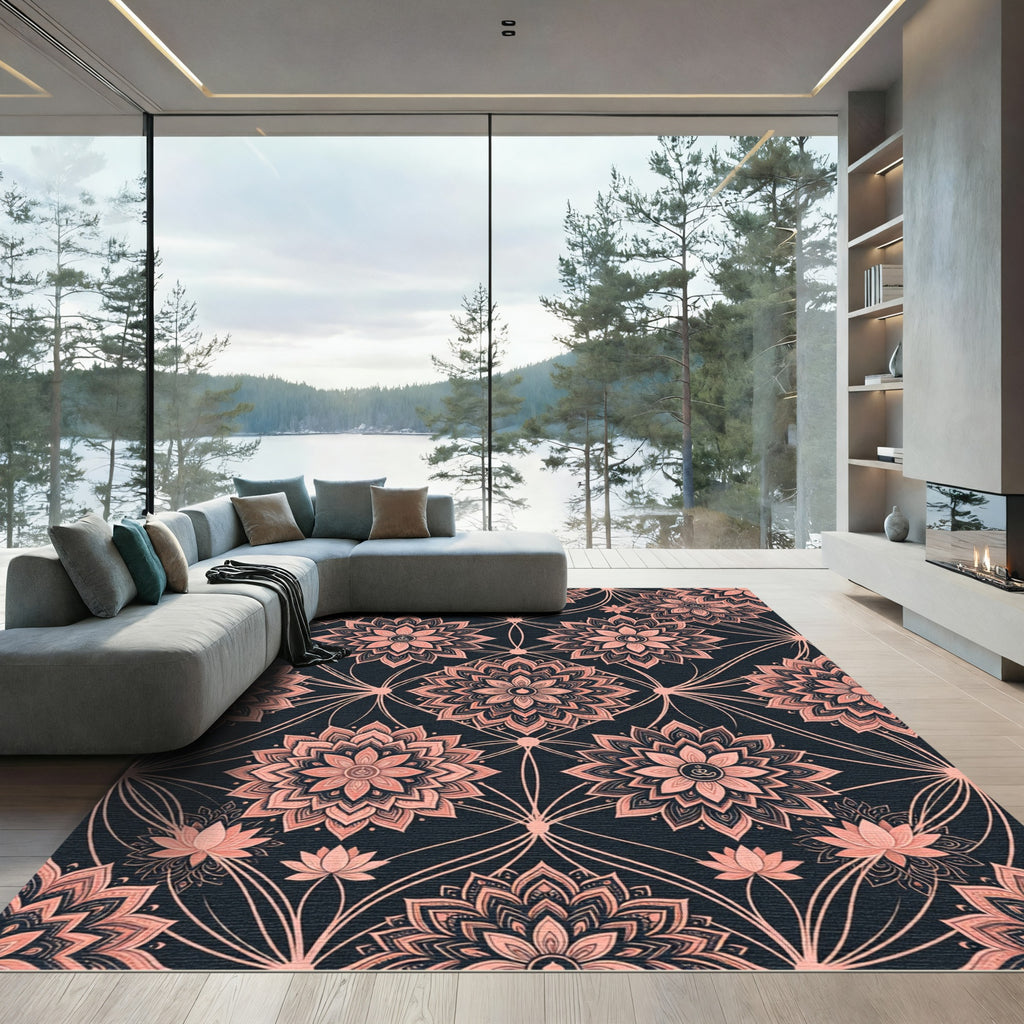 Salmon Mandala Geometric Dark Rug