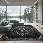 Elegant Charcoal Gold Floral Damask Rug
