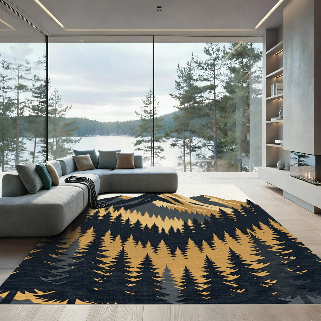 Minimalist Golden Mountain Forest Landscape Rug