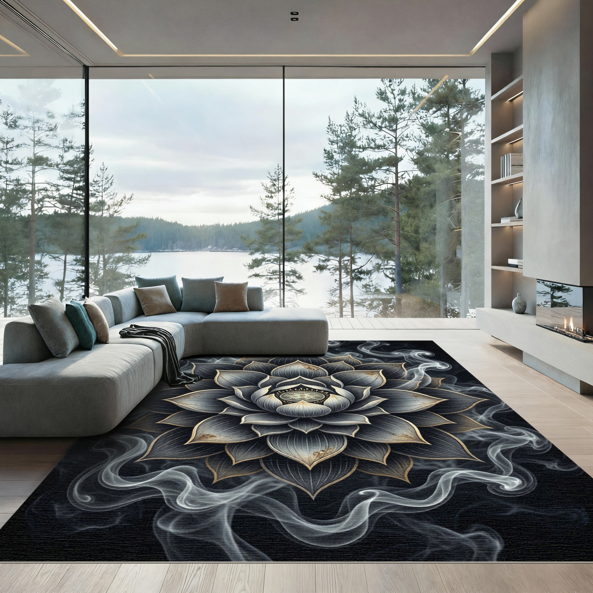 Smoky Charcoal Ethereal Lotus Mandala Rug