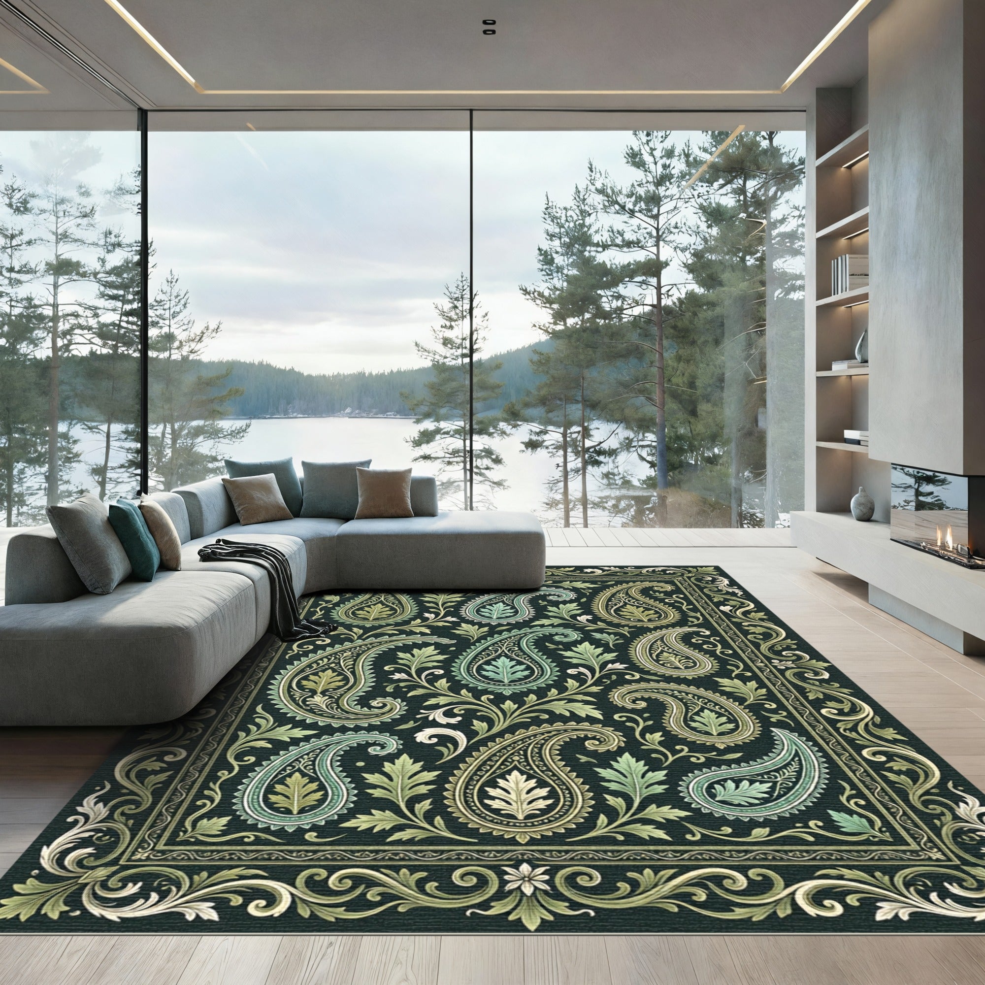 Emerald Green Paisley Floral Foliage Rug