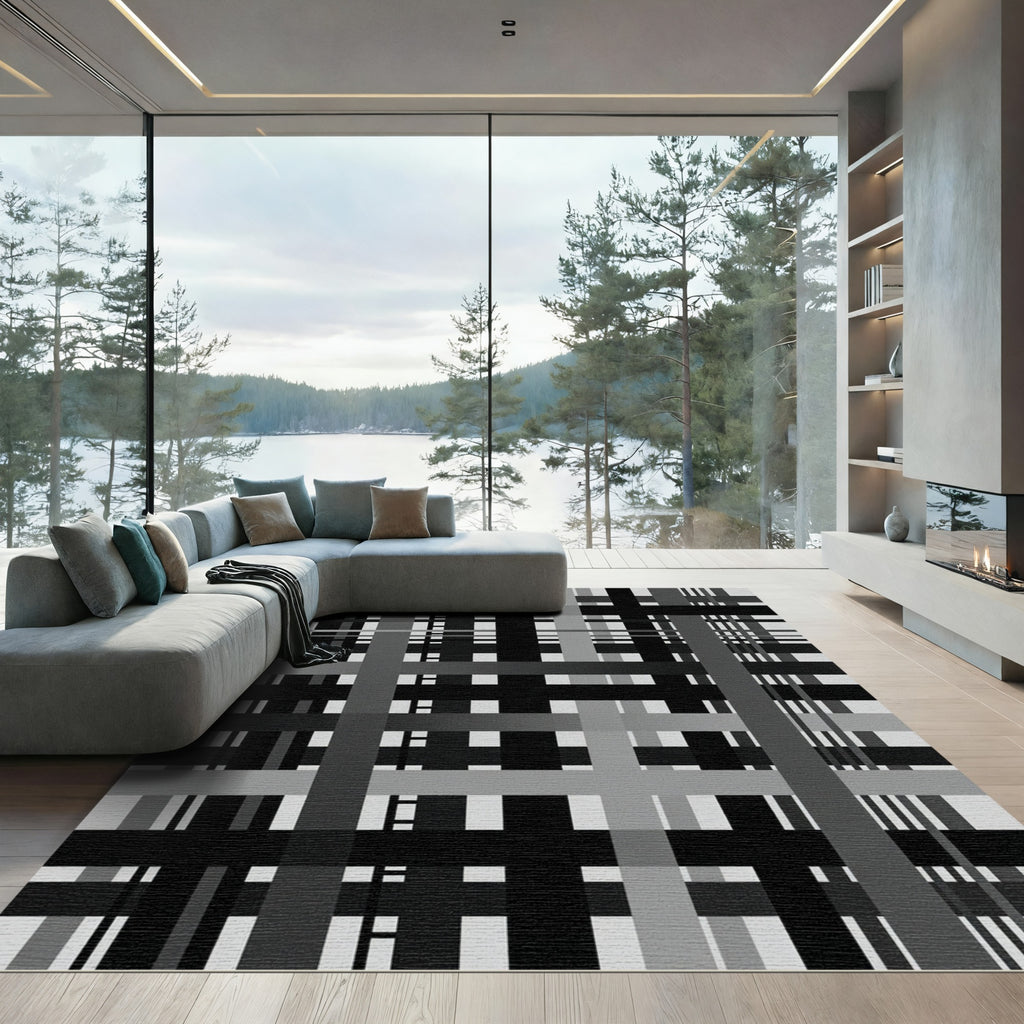 Modern Monochrome Geometric Grid Plaid Rug