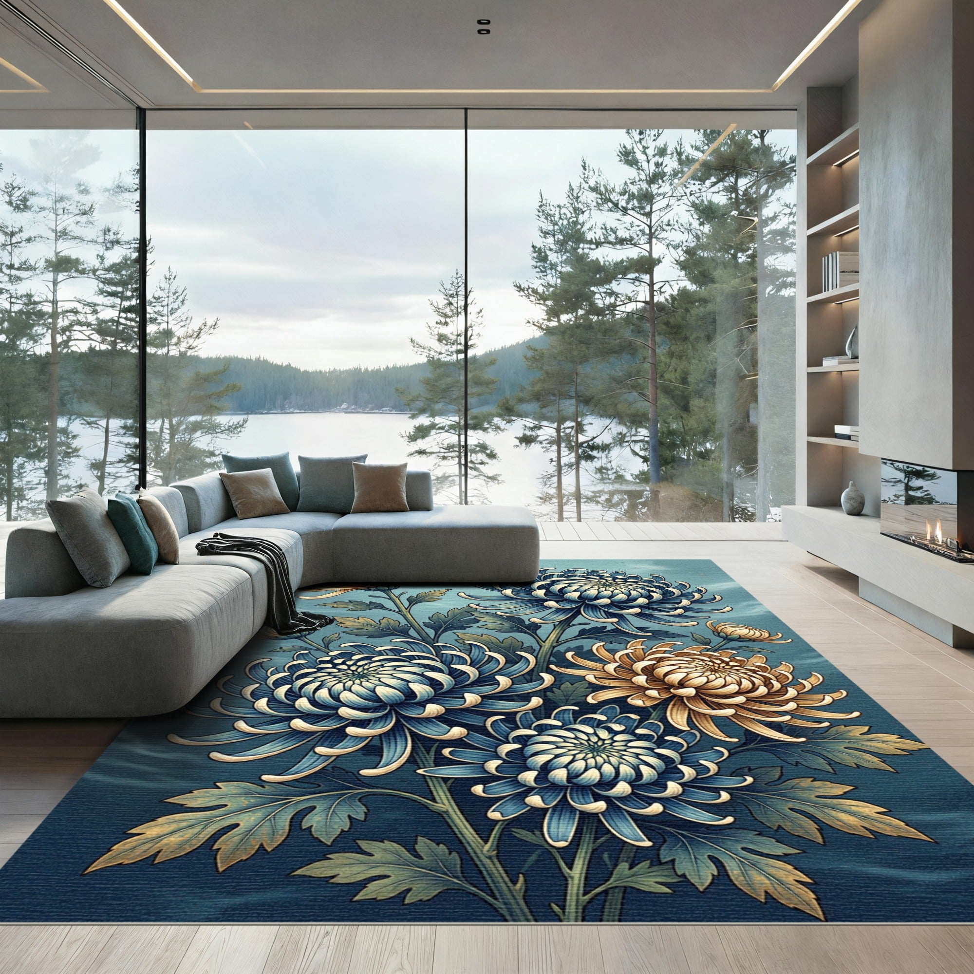 Blue Gold Chrysanthemum Floral Arrangement Rug
