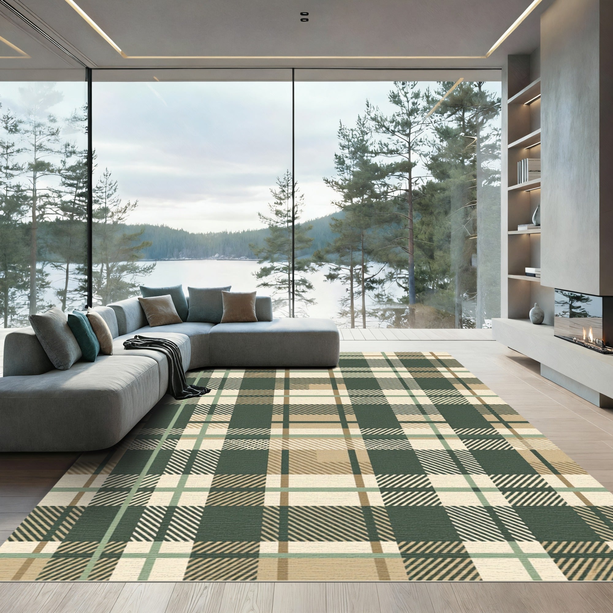 Sage Green and Khaki Plaid Tartan Rug