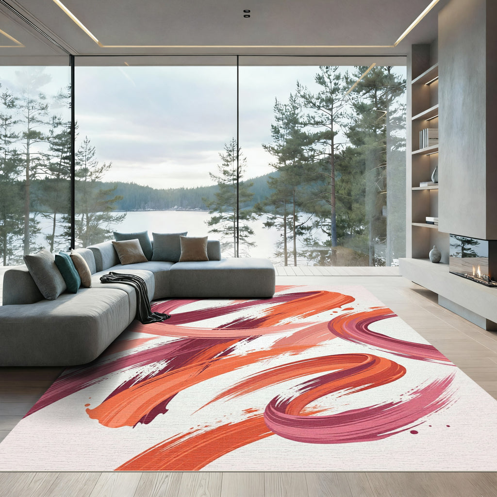 Abstract Coral And Burgundy Swirl Rug