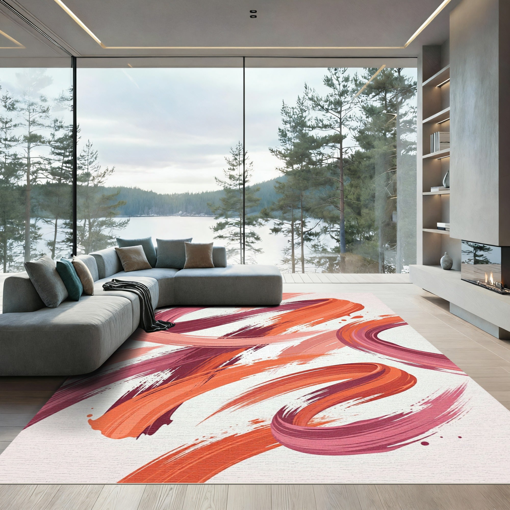 Abstract Coral And Burgundy Swirl Rug