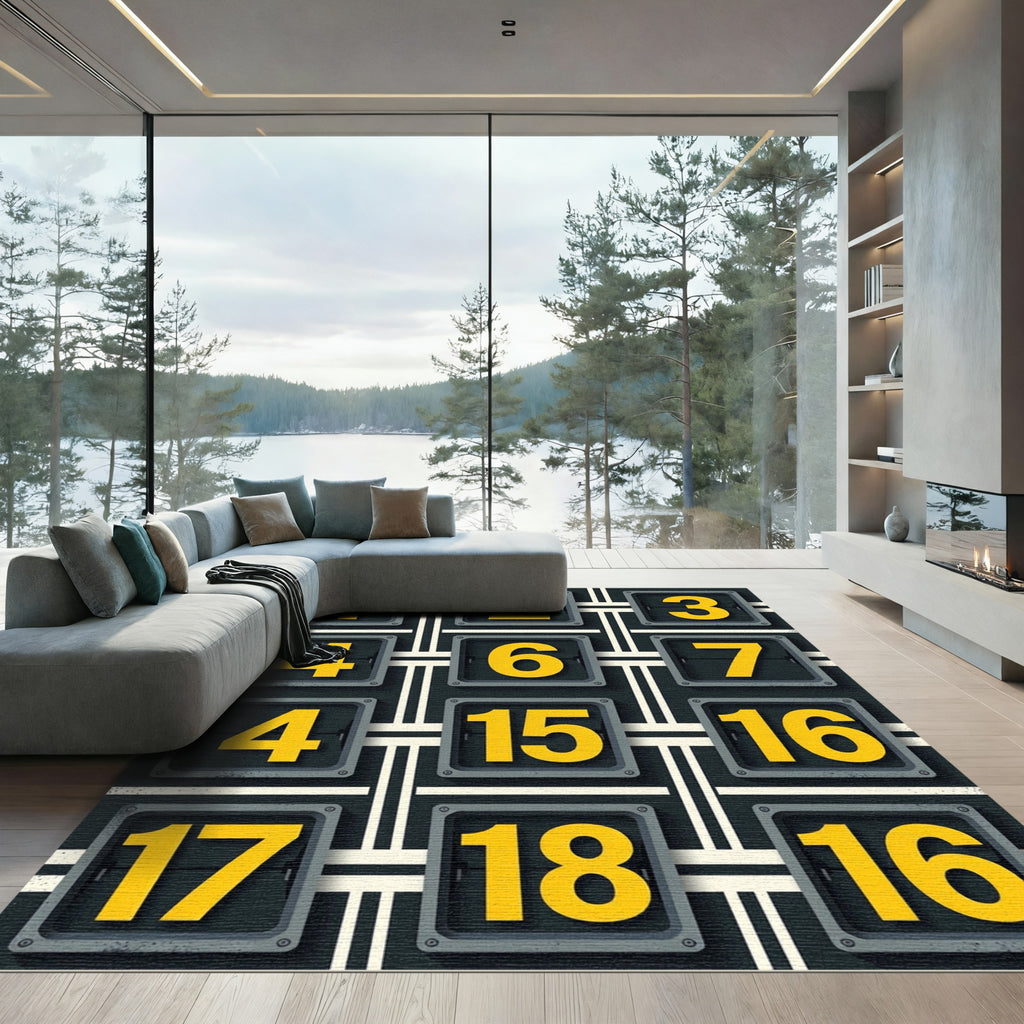 Industrial Yellow Numbered Grid Graphic Rug