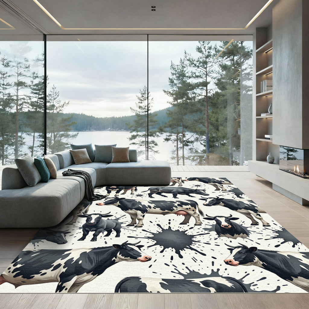Whimsical Black White Cow Splash Rug