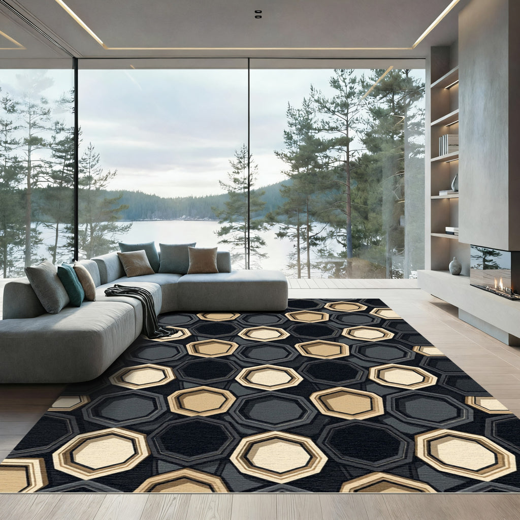 Geometric Hexagonal Beige Black Rug