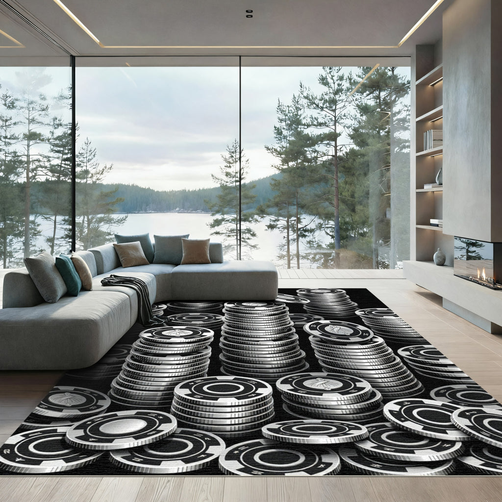 Monochrome Stacked Casino Token Geometric Rug