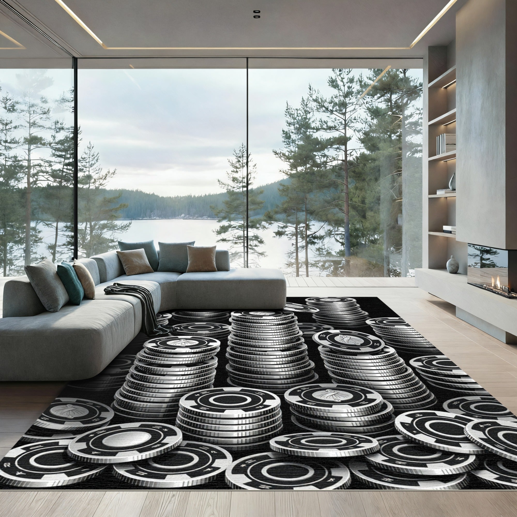 Monochrome Stacked Casino Token Geometric Rug