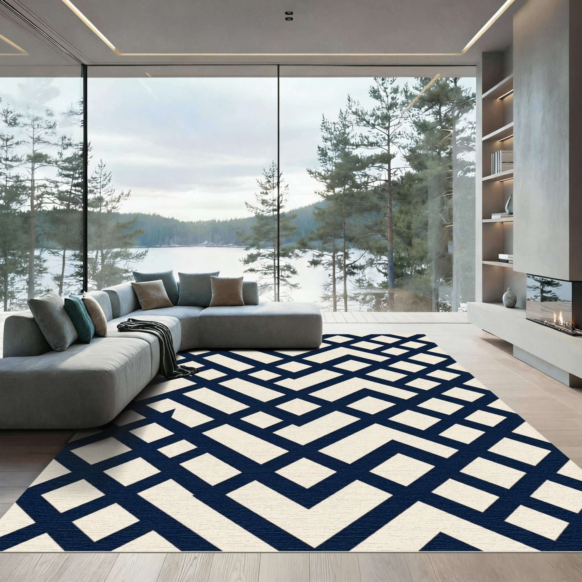 Midnight Navy Cream Interlocking Geometric Grid Rug