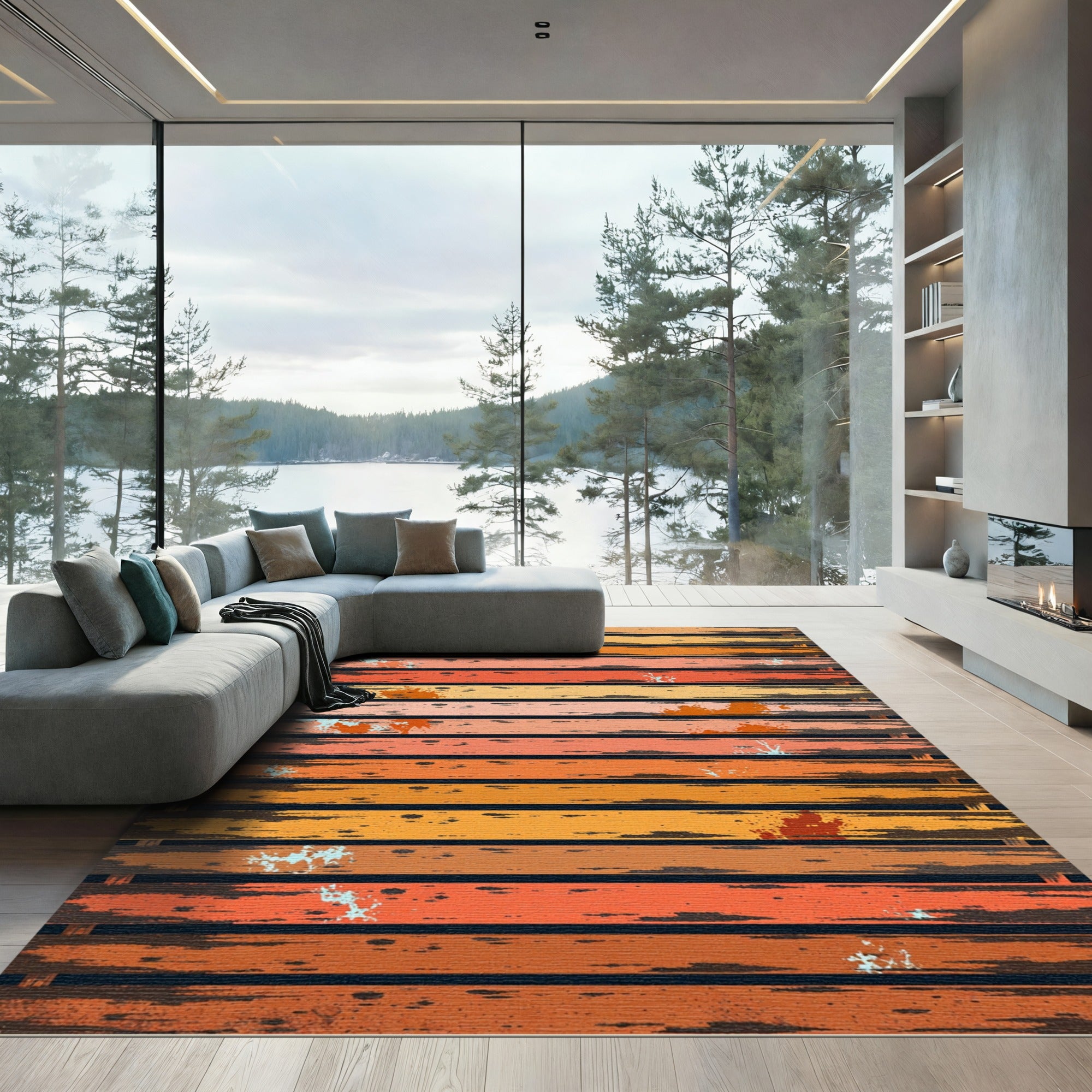 Distressed Earthy Tone Striped Abstract Rug