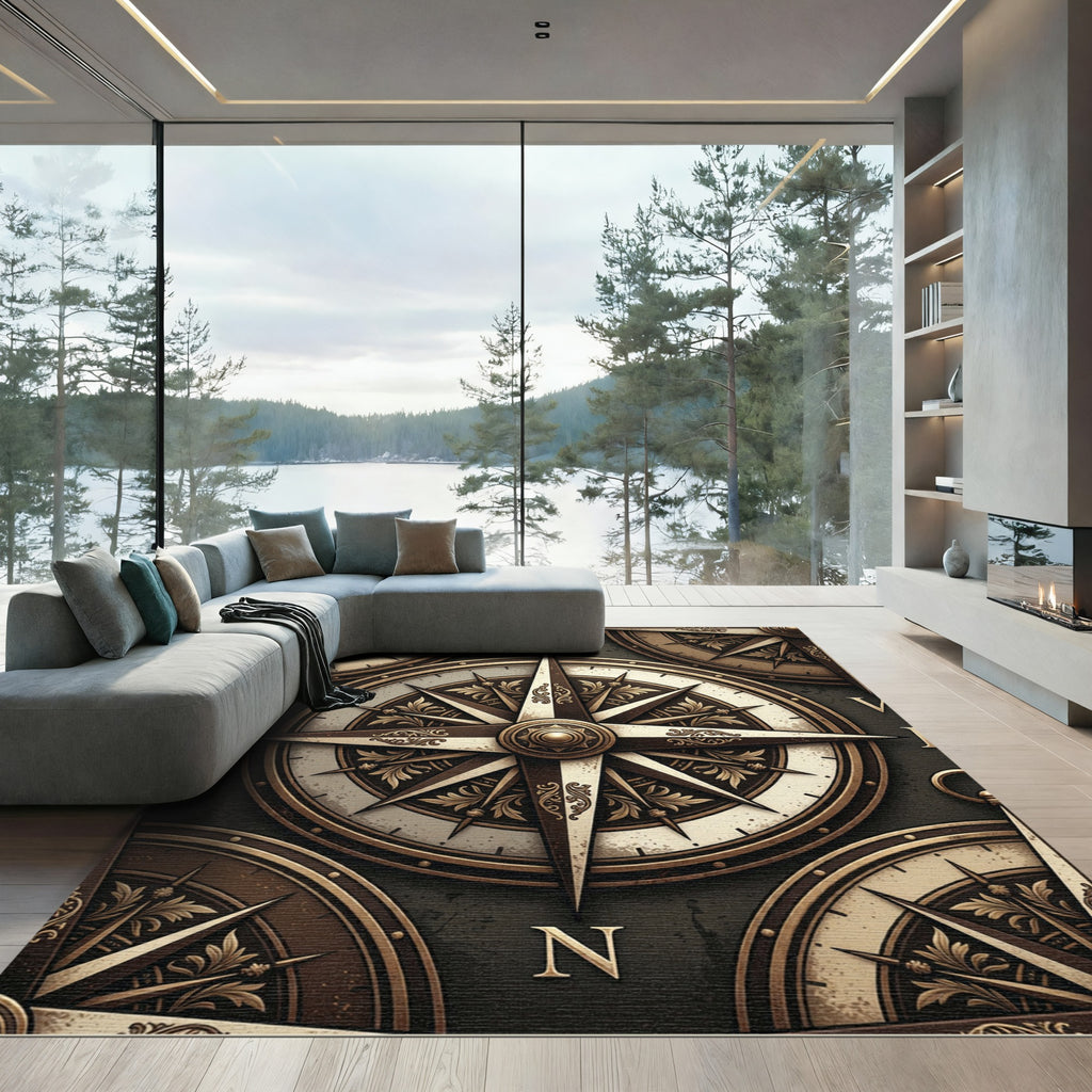 Vintage Bronze Nautical Compass Medallion Rug