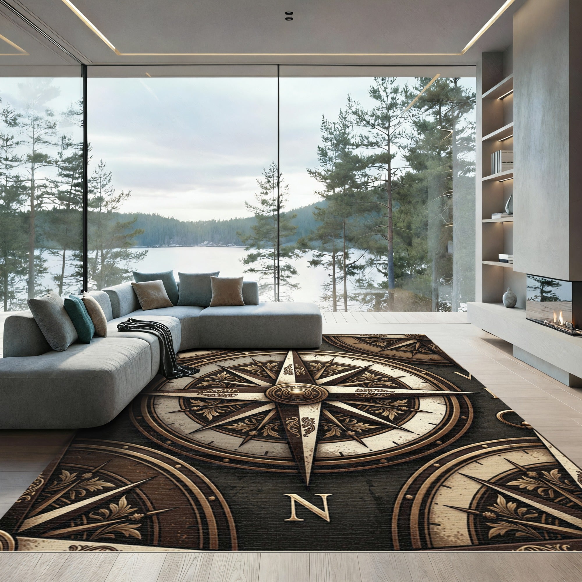 Vintage Bronze Nautical Compass Medallion Rug