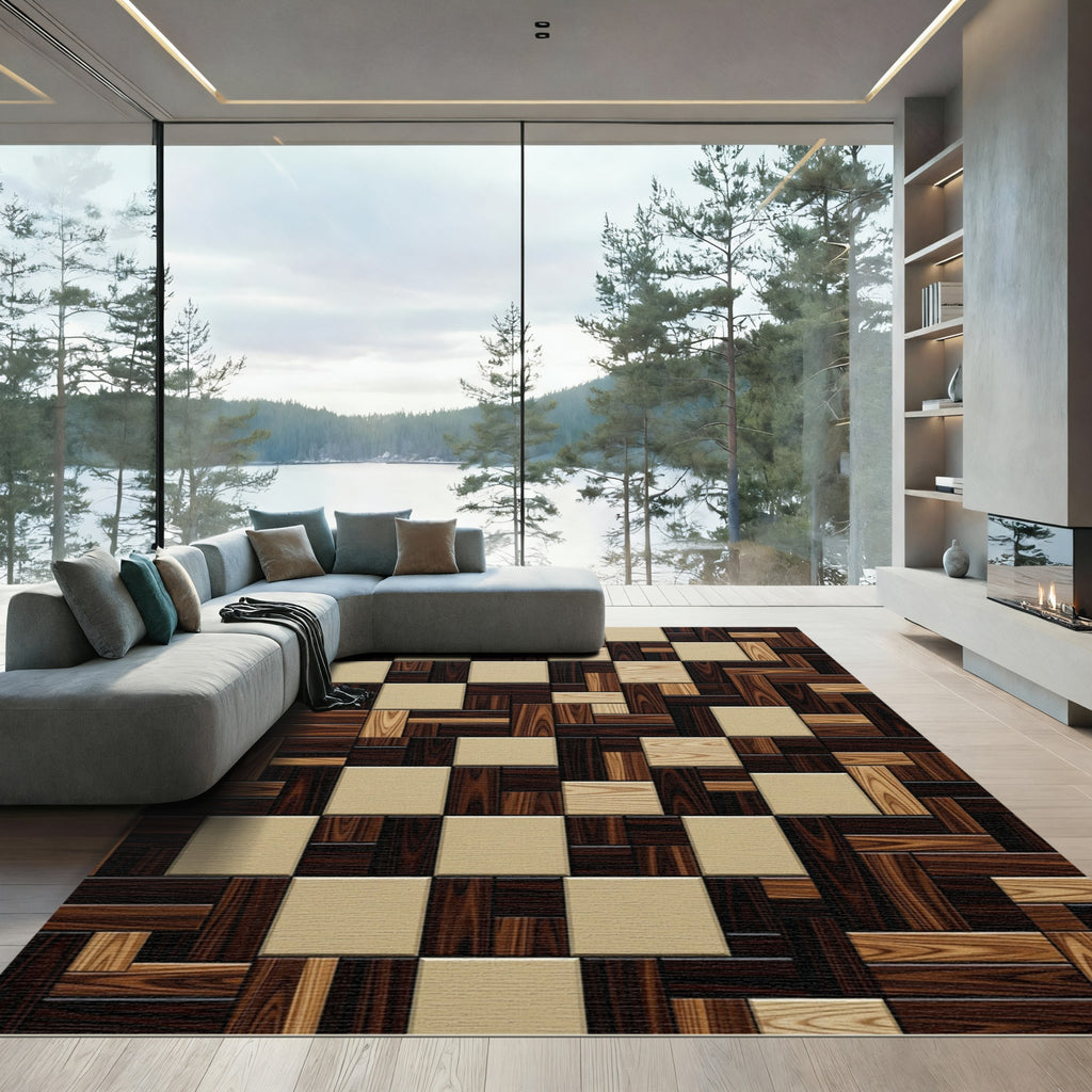 Rich Wood Grain Checkerboard Composition Rug