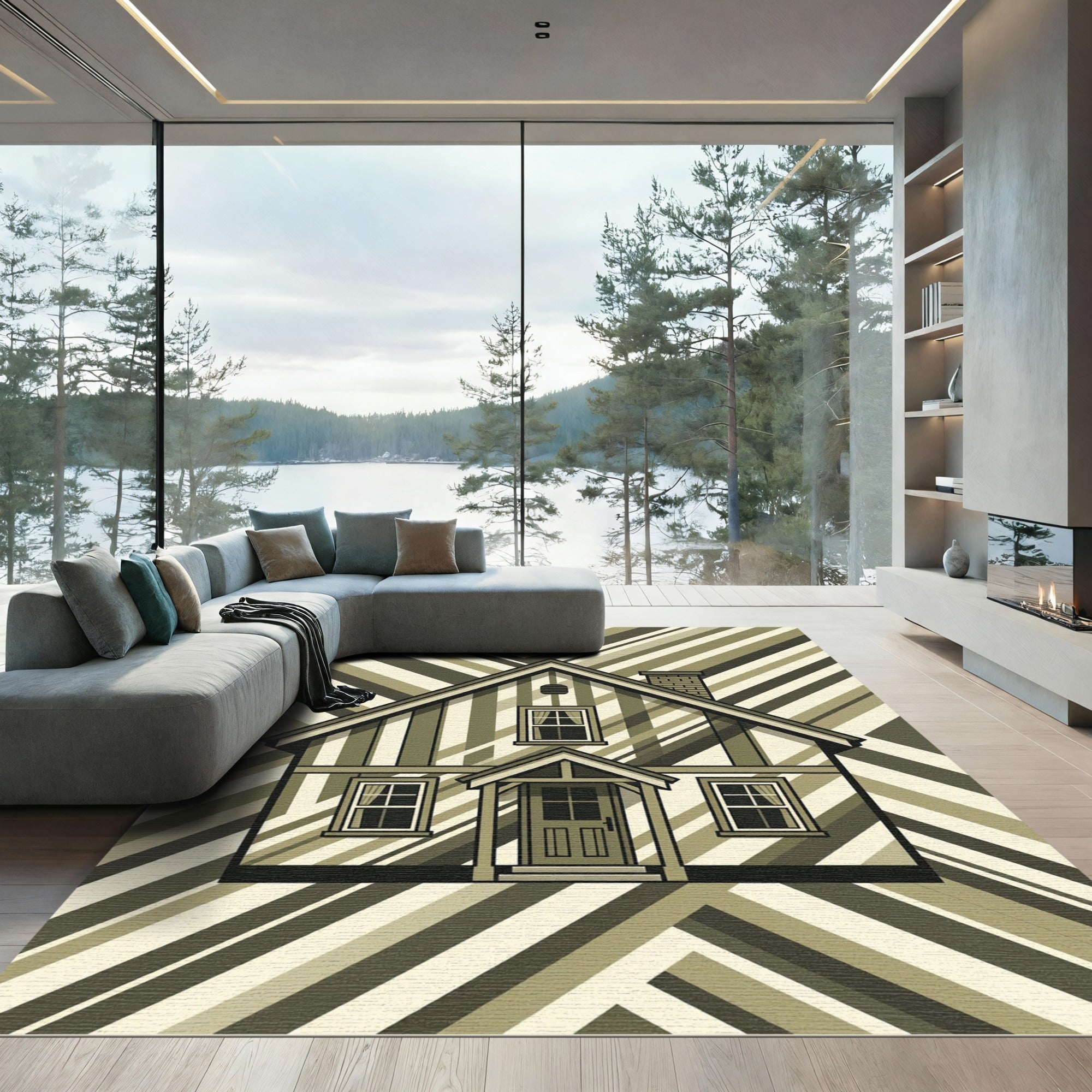 Monochromatic Geometric Striped House Rug