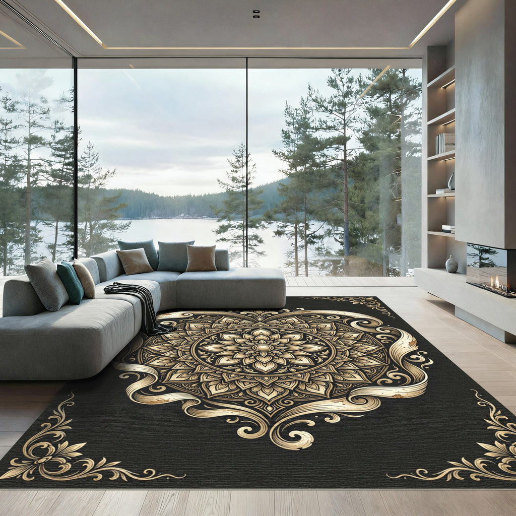 Ornate Golden Mandala Filigree Rug