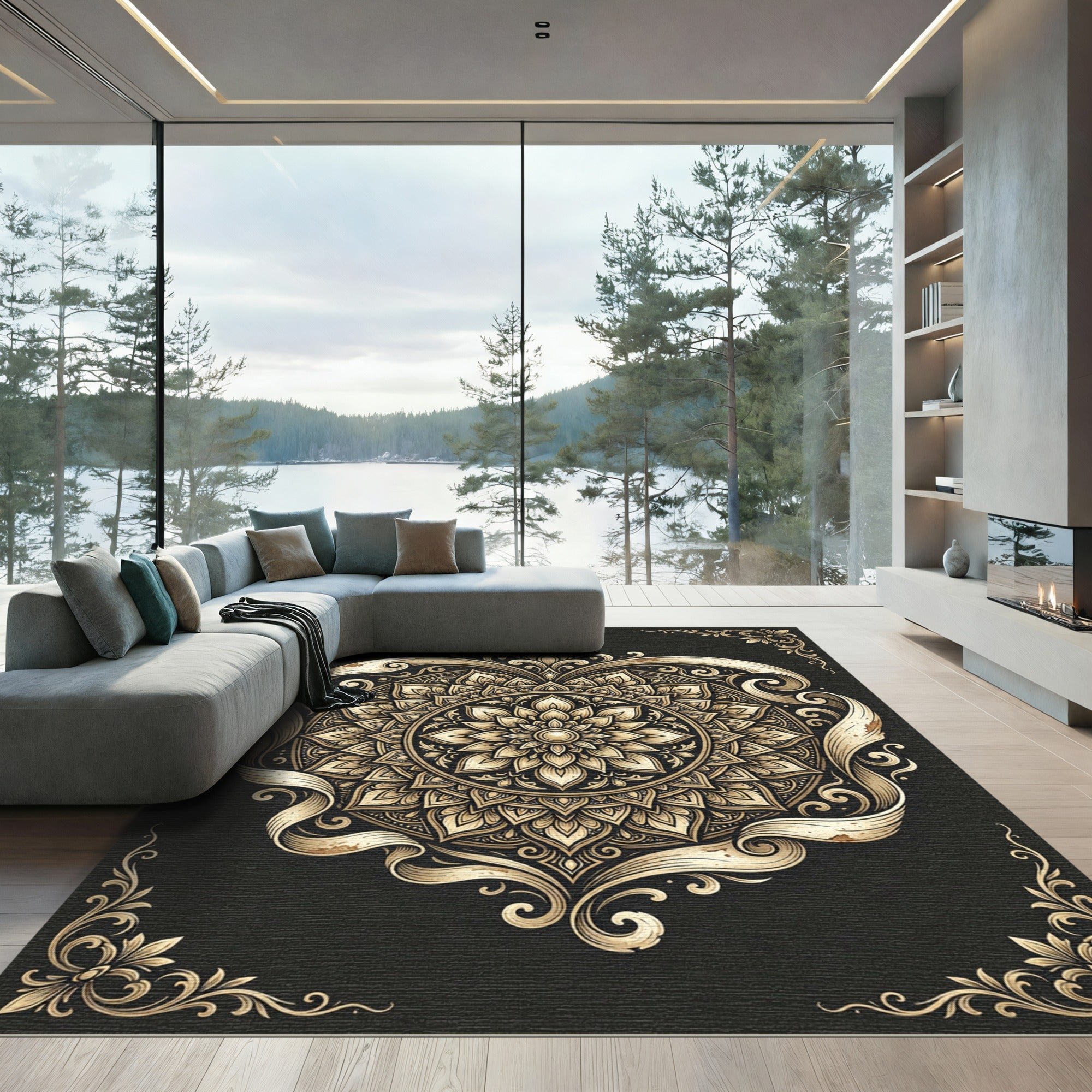 Ornate Golden Mandala Filigree Rug