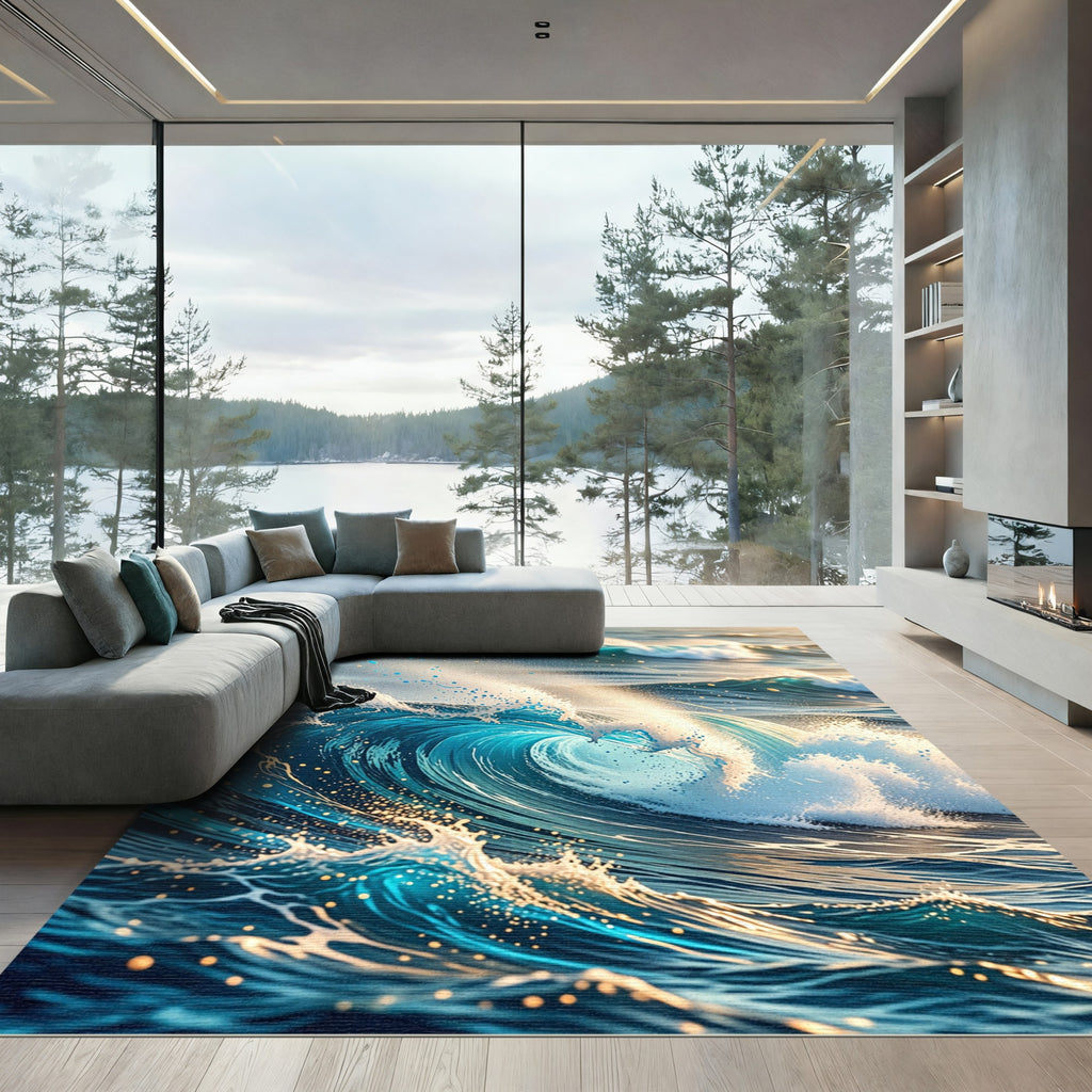 Dynamic Ocean Wave Swirl Abstract Art Rug