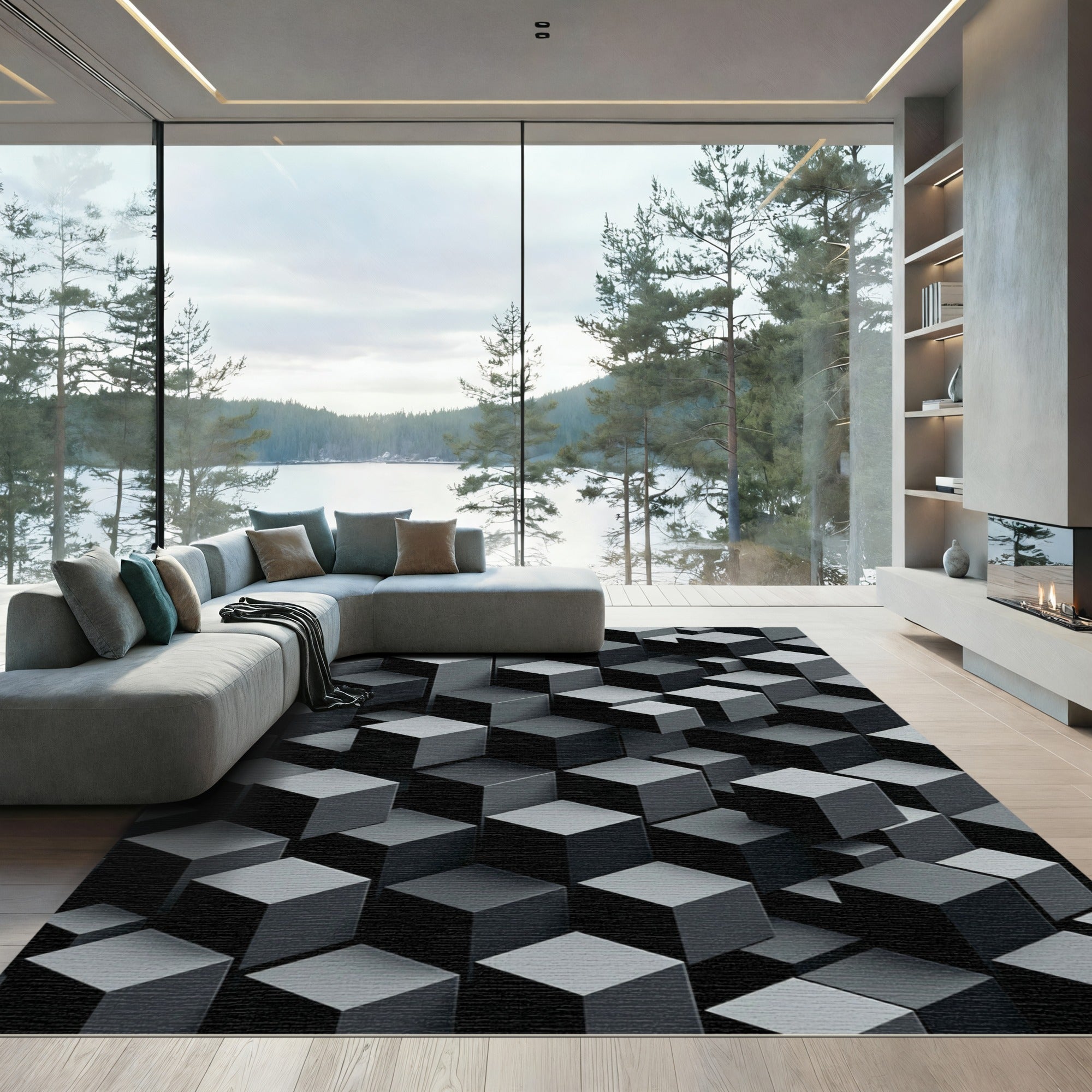 Modern Isometric Charcoal Geometric Cube Rug