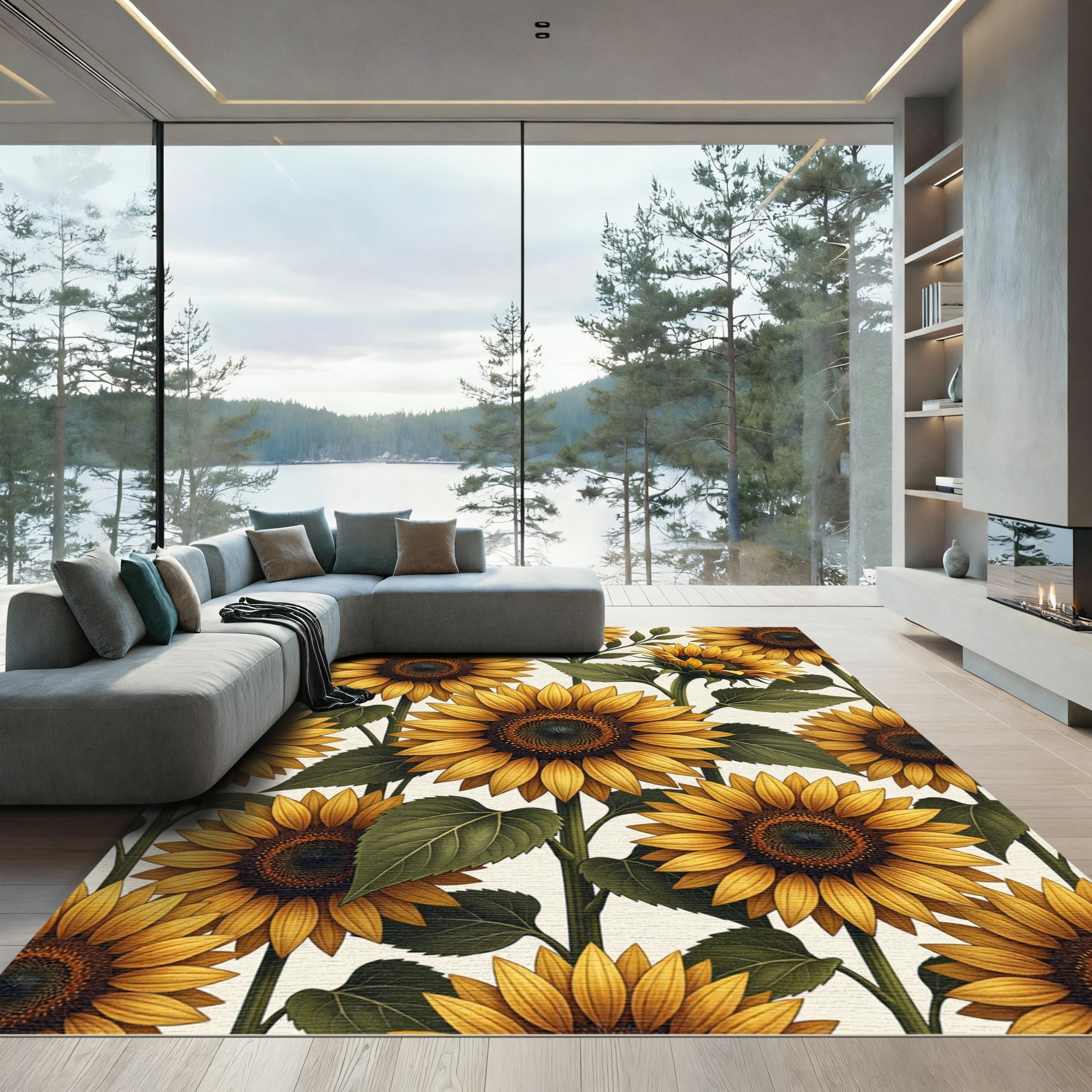 Radiant Golden Sunflowers on Ivory Canvas Rug