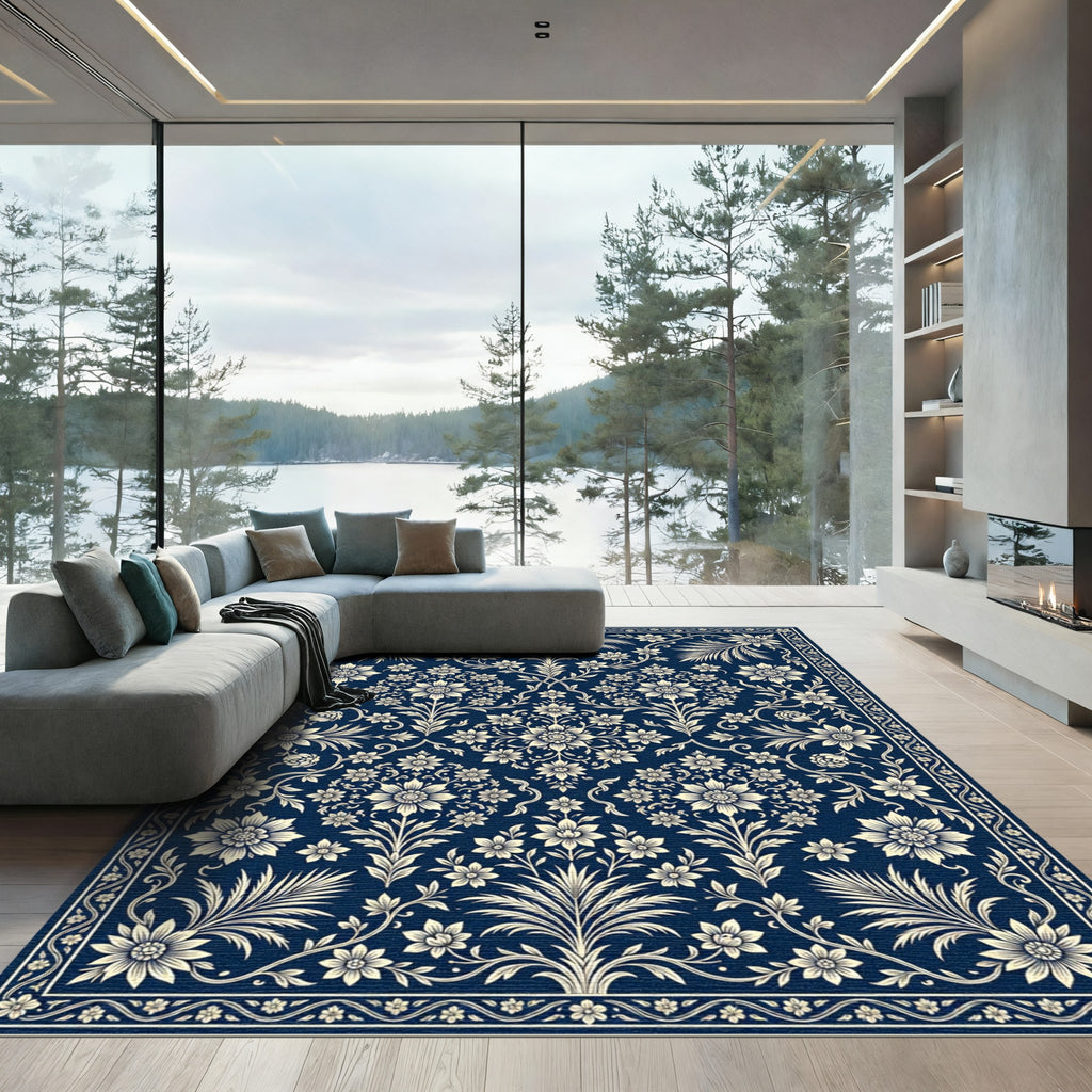 Indigo Floral Vine Damask Rectangular Area Rug