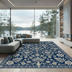Indigo Floral Vine Damask Rectangular Area Rug