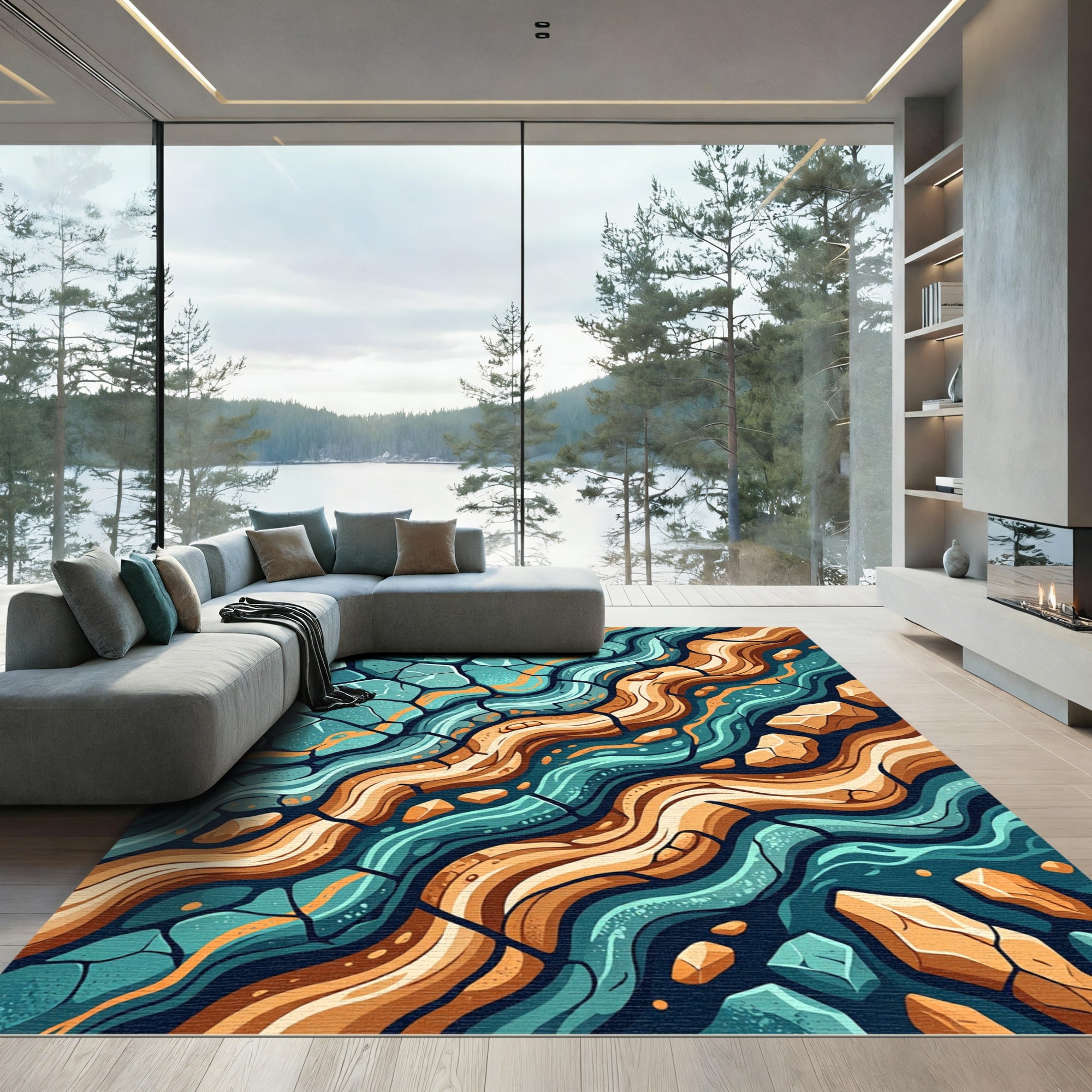 Teal Orange Cracked Earth Wave Rug
