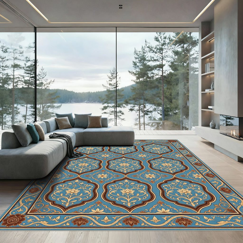 Elegant Blue Floral Damask Tile Rug