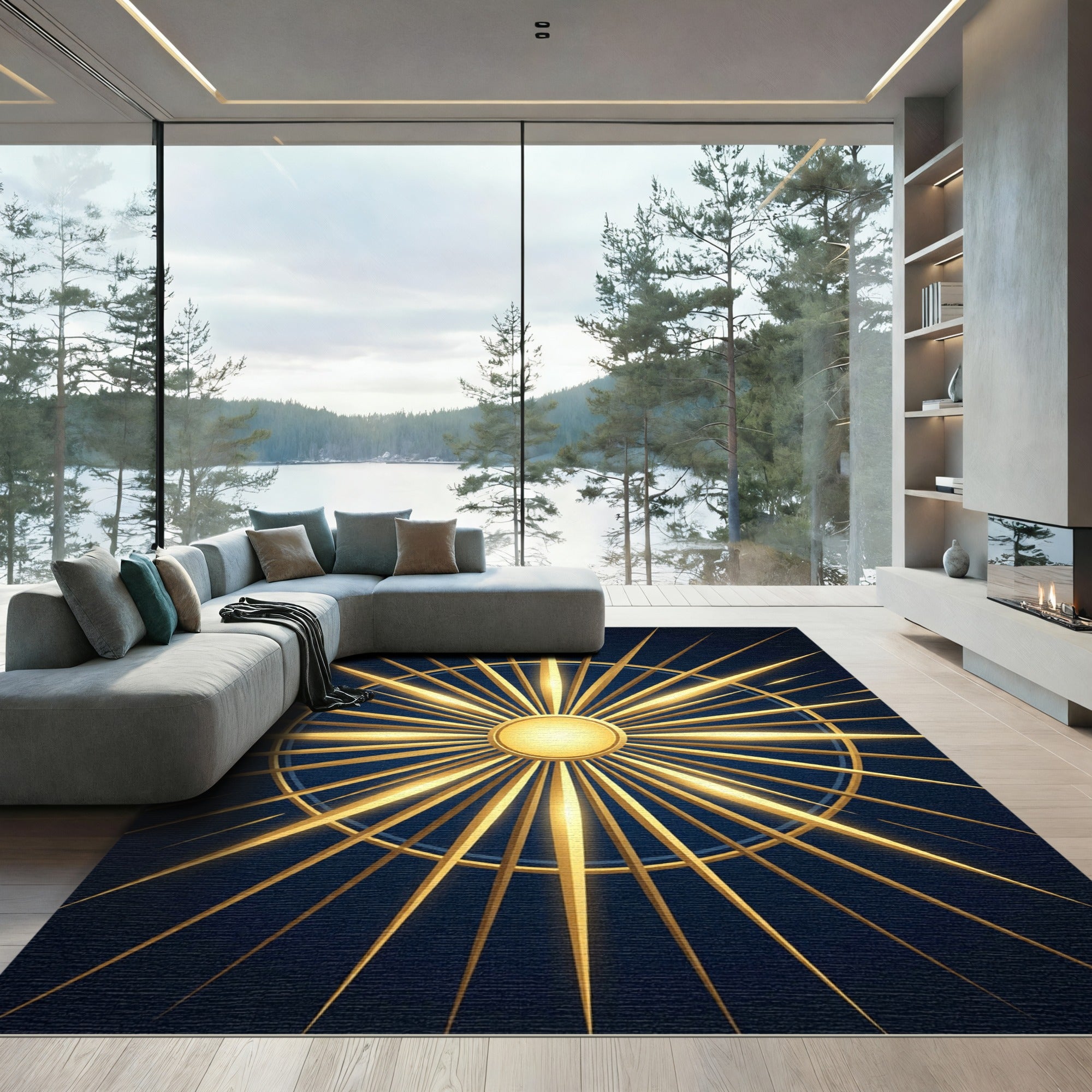 Radiant Golden Celestial Sunburst Art Rug
