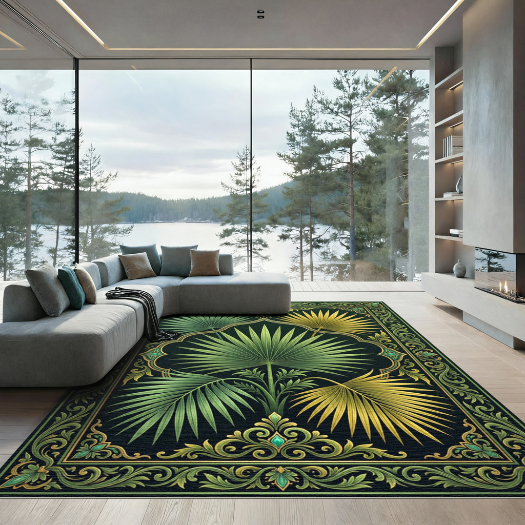 Emerald Green Tropical Palm Leaf Frame Rug