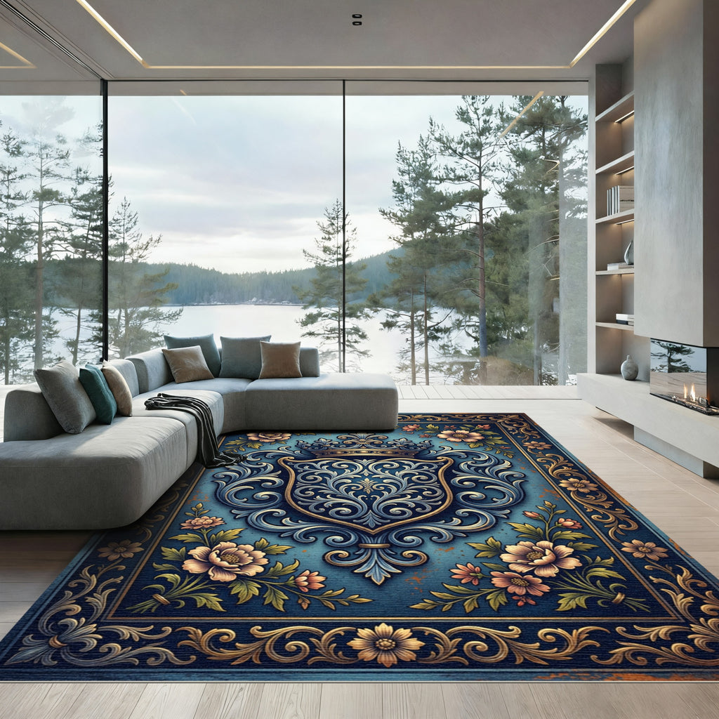 Elegant Navy Floral Crown Crest Area Rug