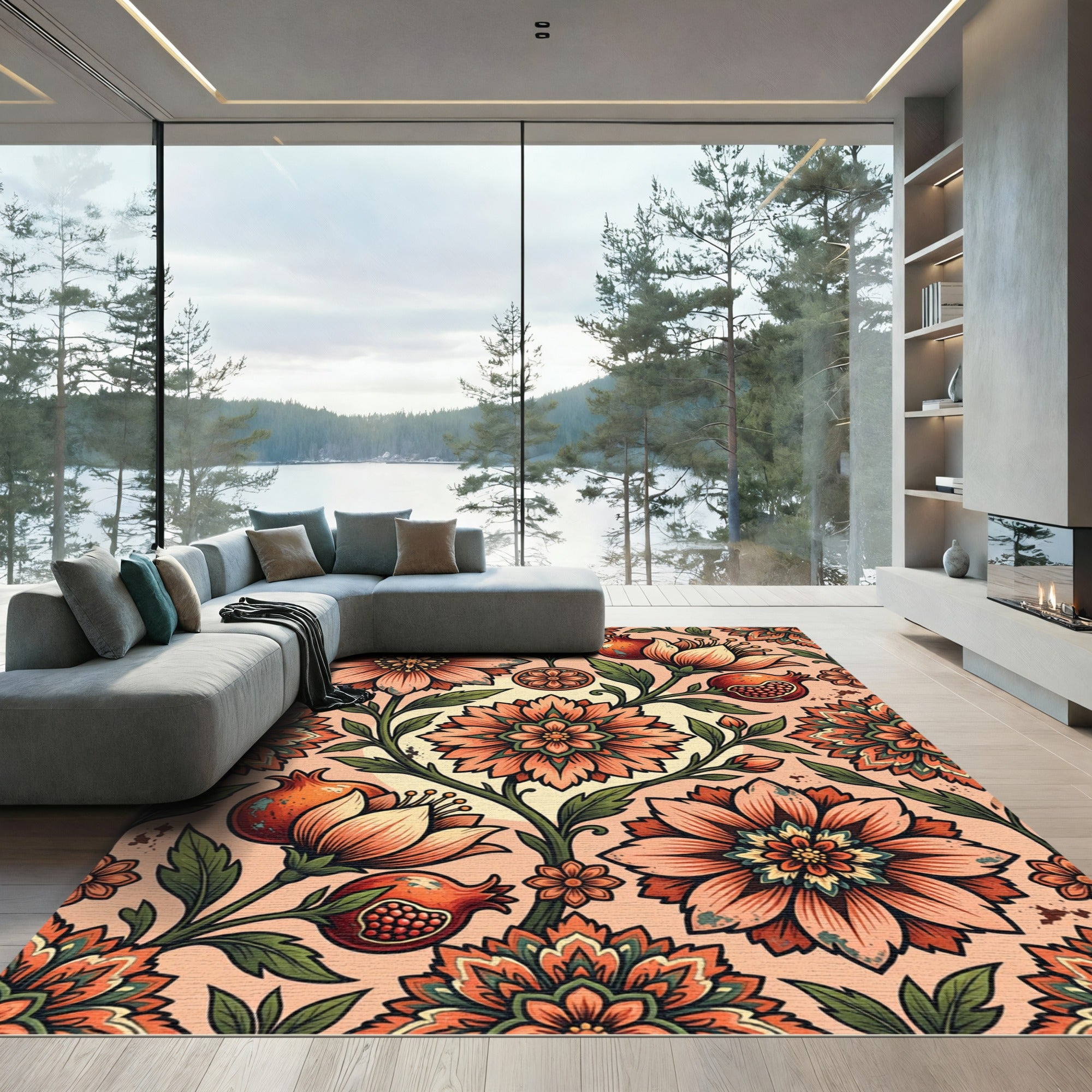 Coral Pomegranate Floral Medallion Rug