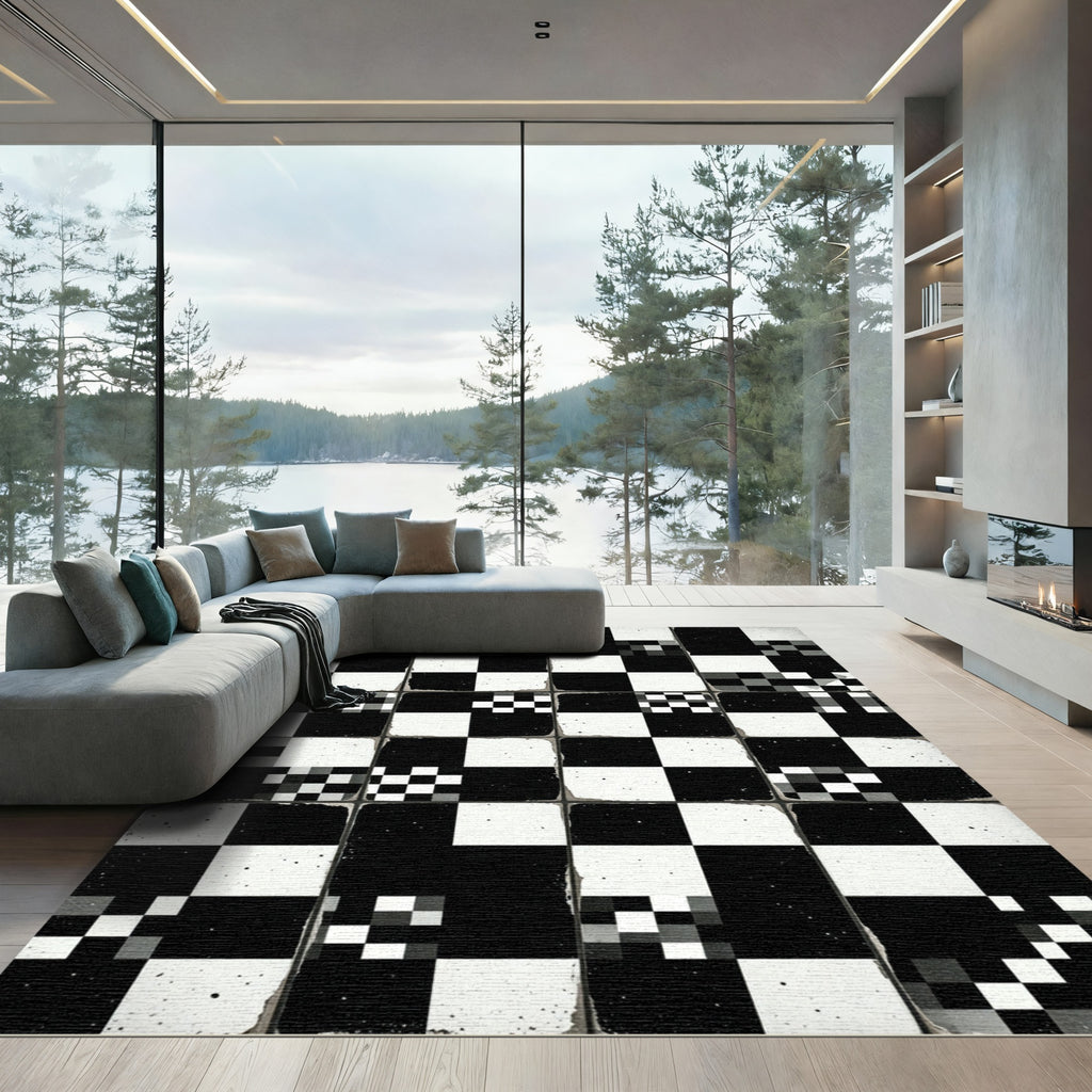 Monochrome Abstract Grid Checkered Square Rug