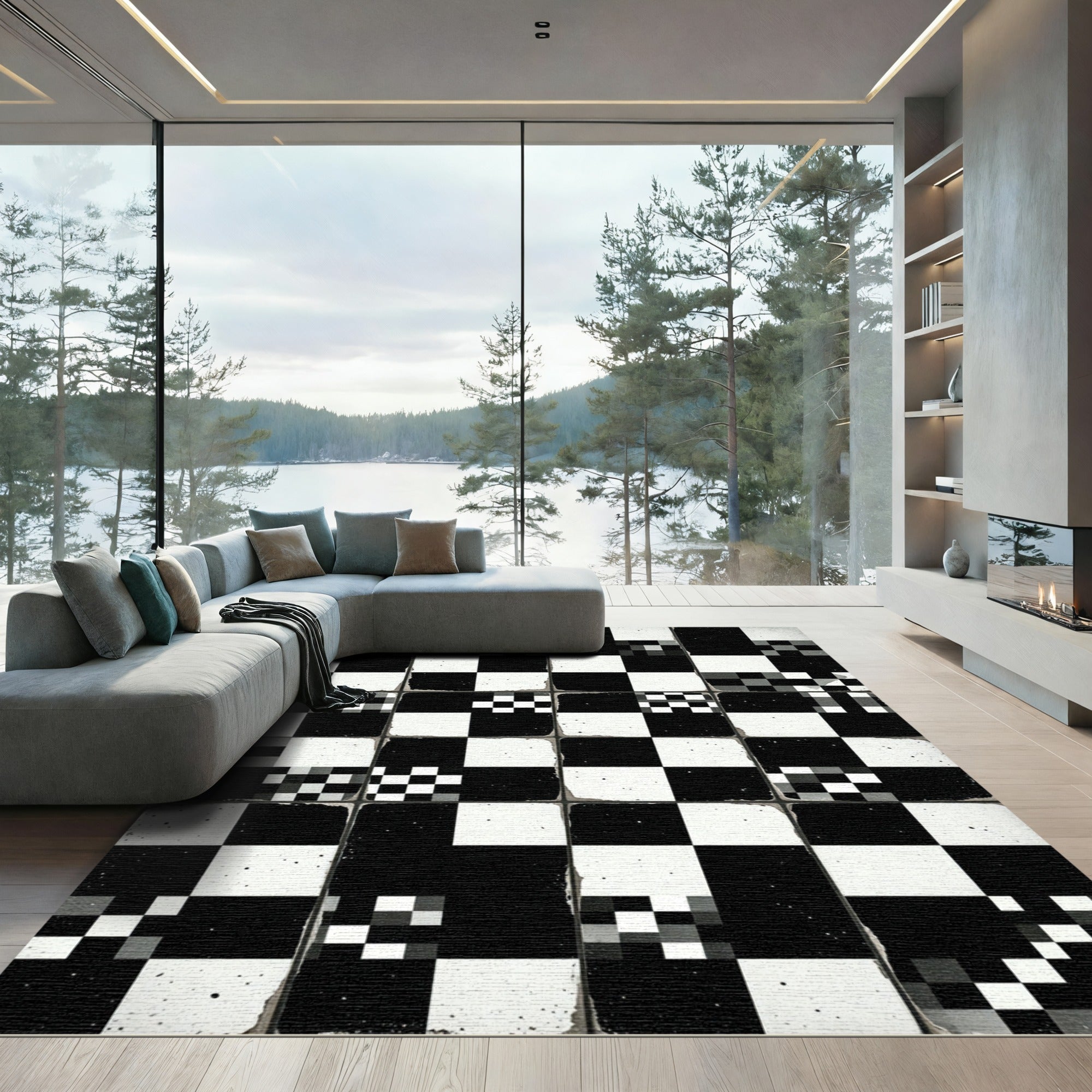 Monochrome Abstract Grid Checkered Square Rug