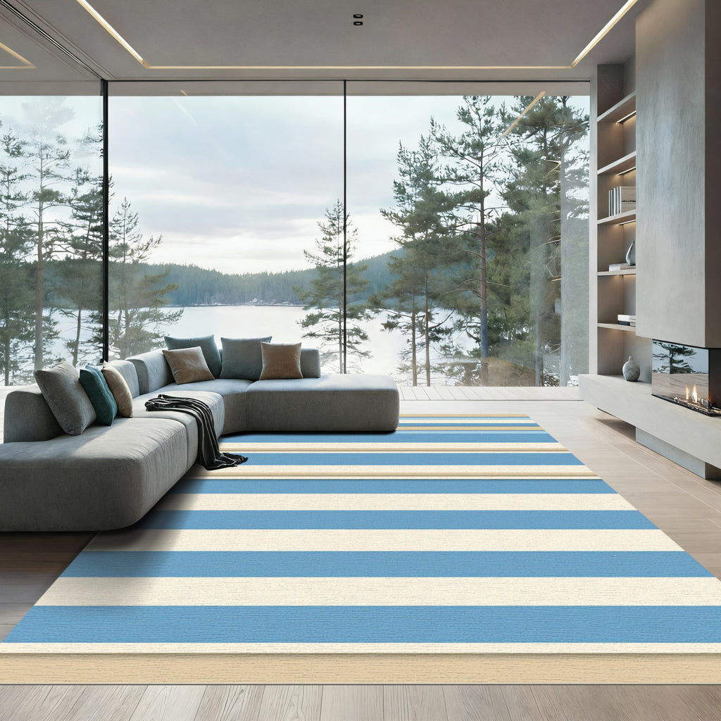 Modern Blue and Cream Striped Rug