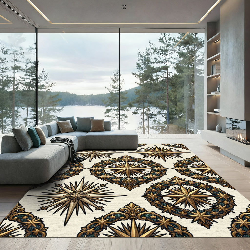 Celestial Gold Star Compass Emblem Rug
