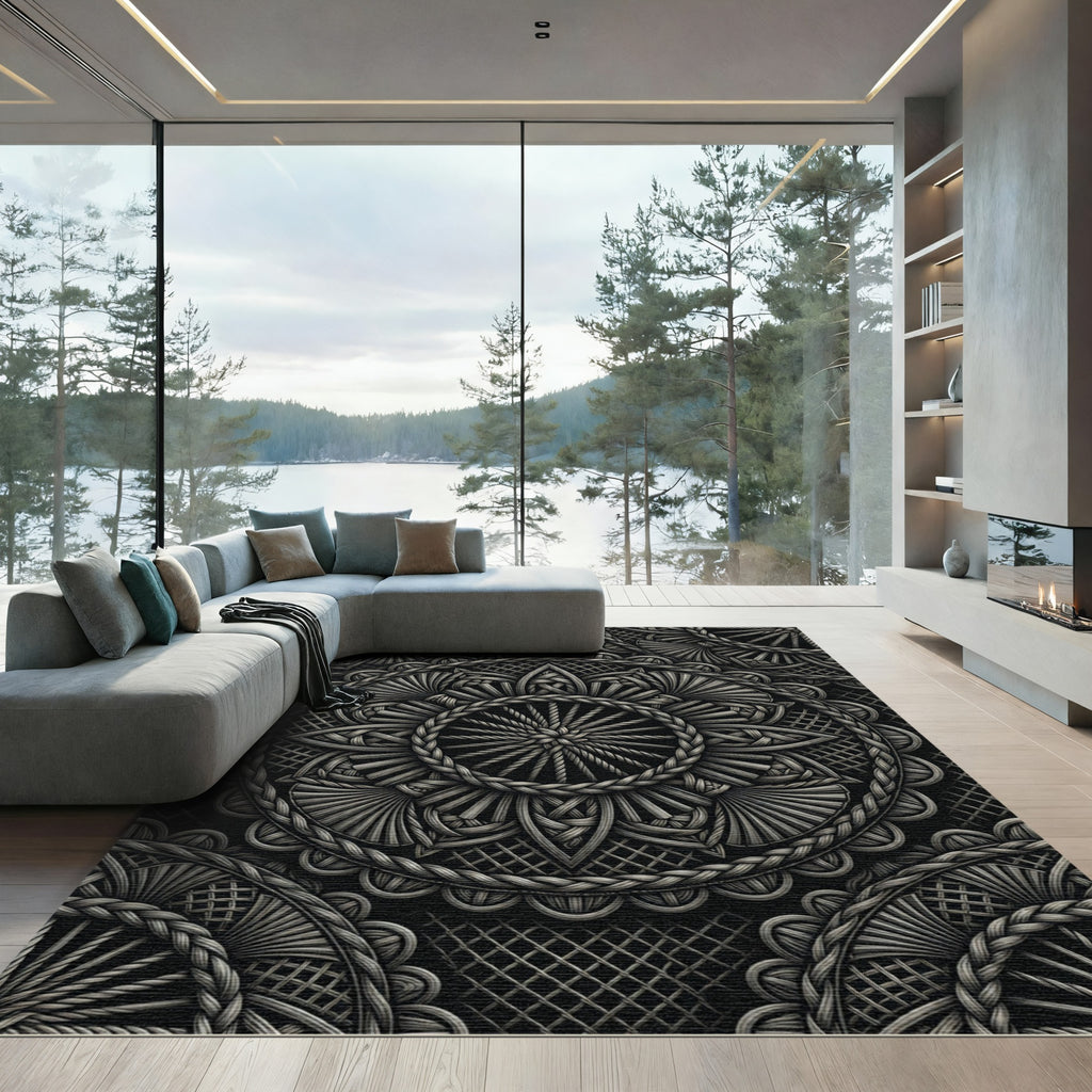 Intricate Black Silver Celtic Knot Mandalas Rug