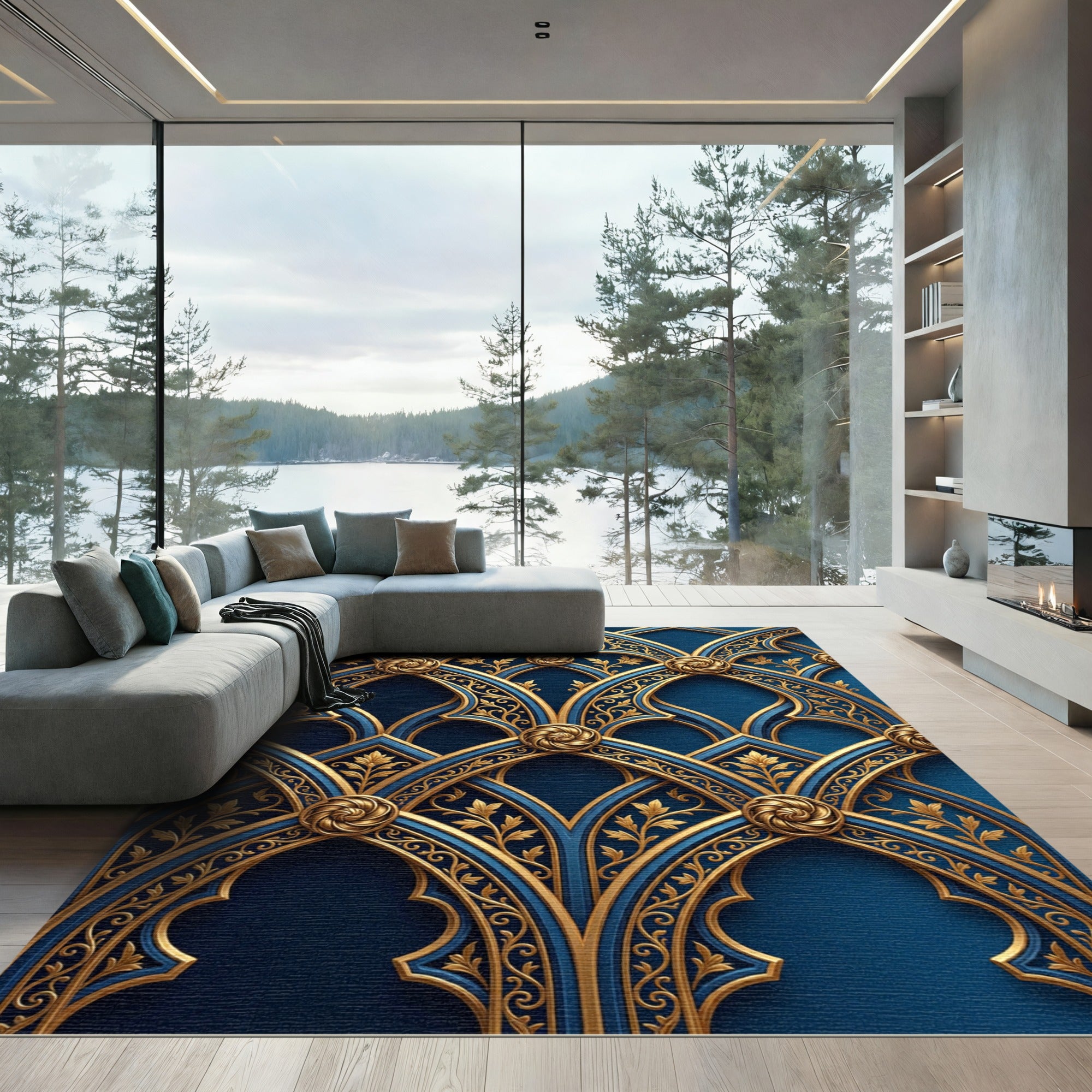 Gilded Navy Gothic Arch Filigree Rug