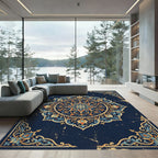 Ornate Navy Golden Floral Medallion Rug