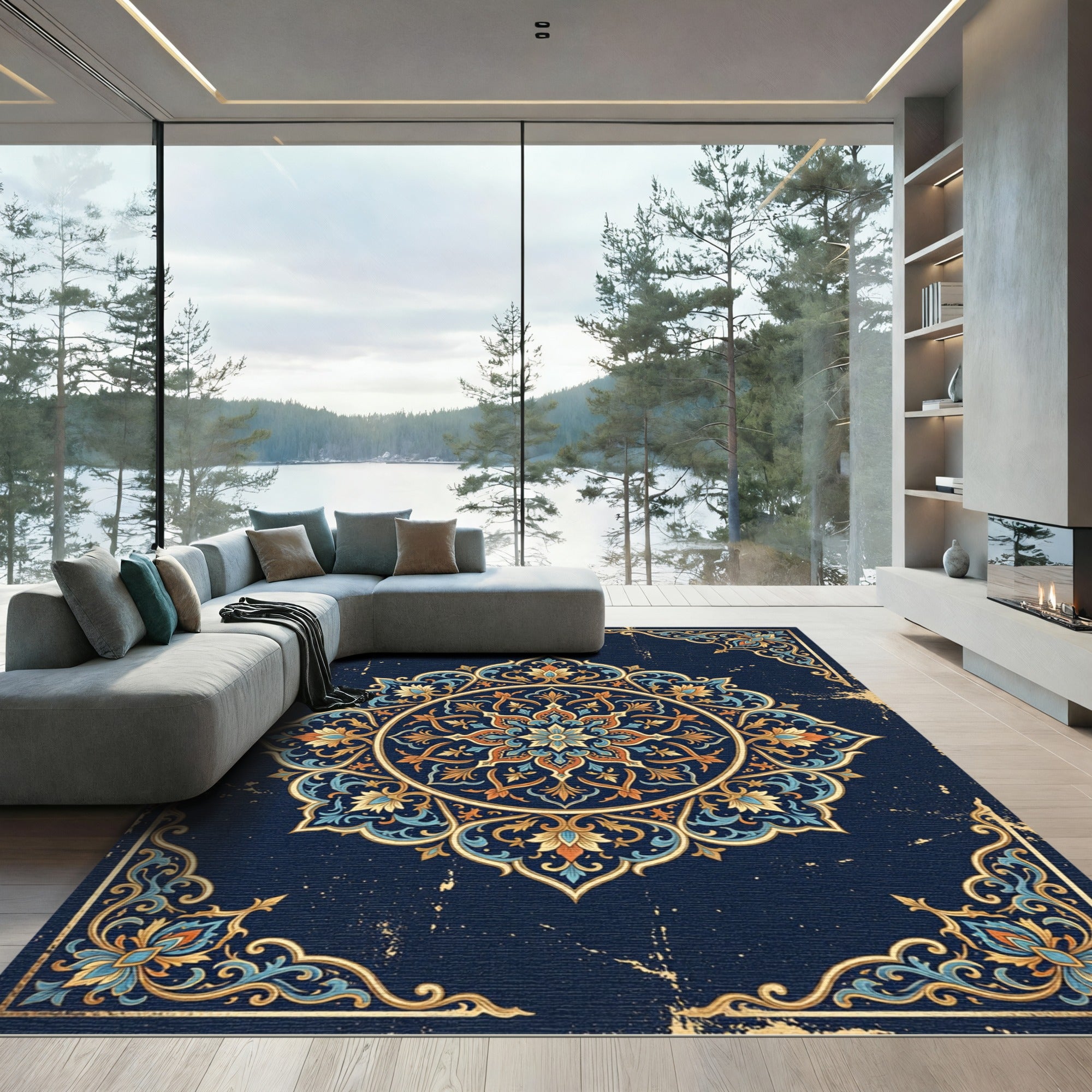 Ornate Navy Golden Floral Medallion Rug