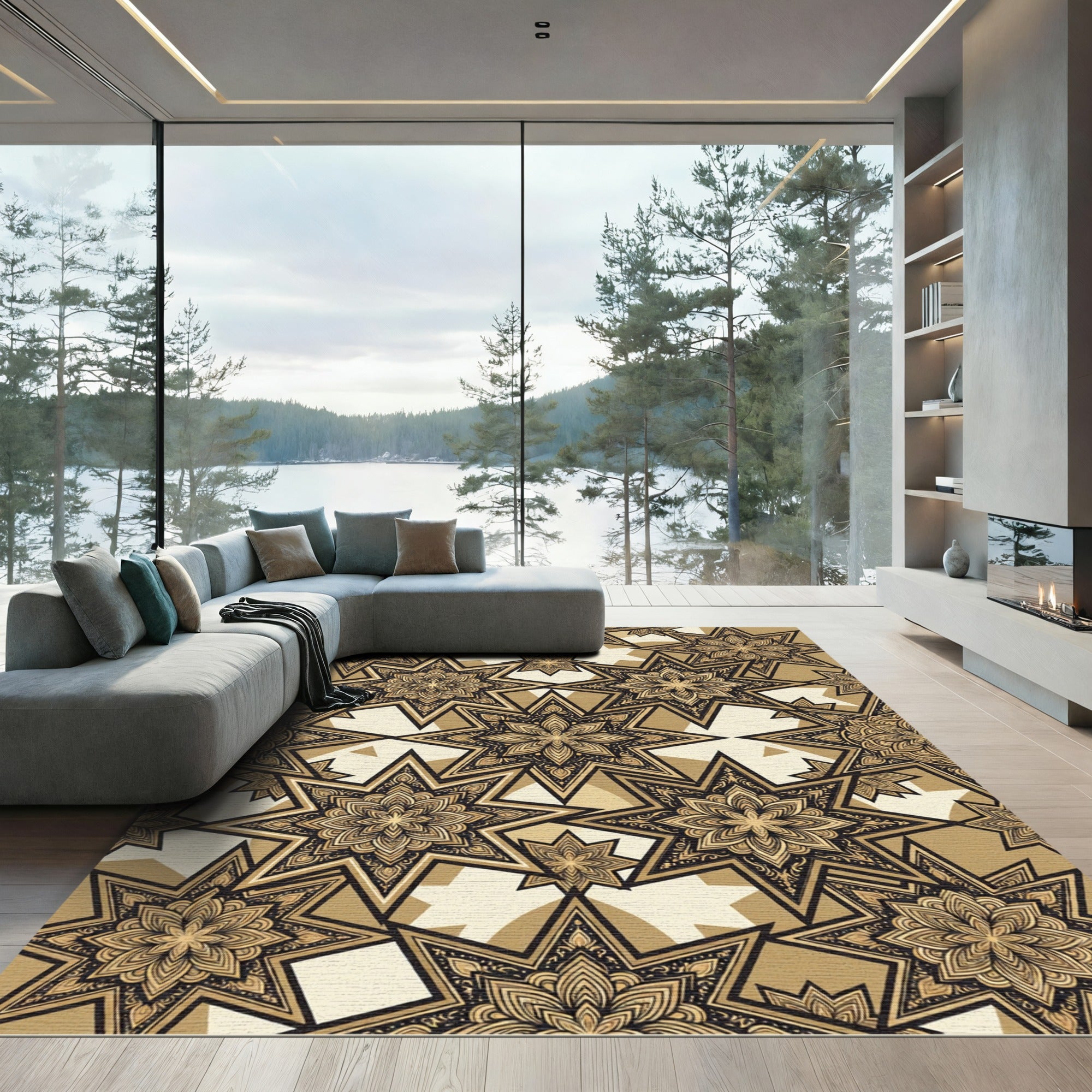 Intricate Golden Star Mandala Rug